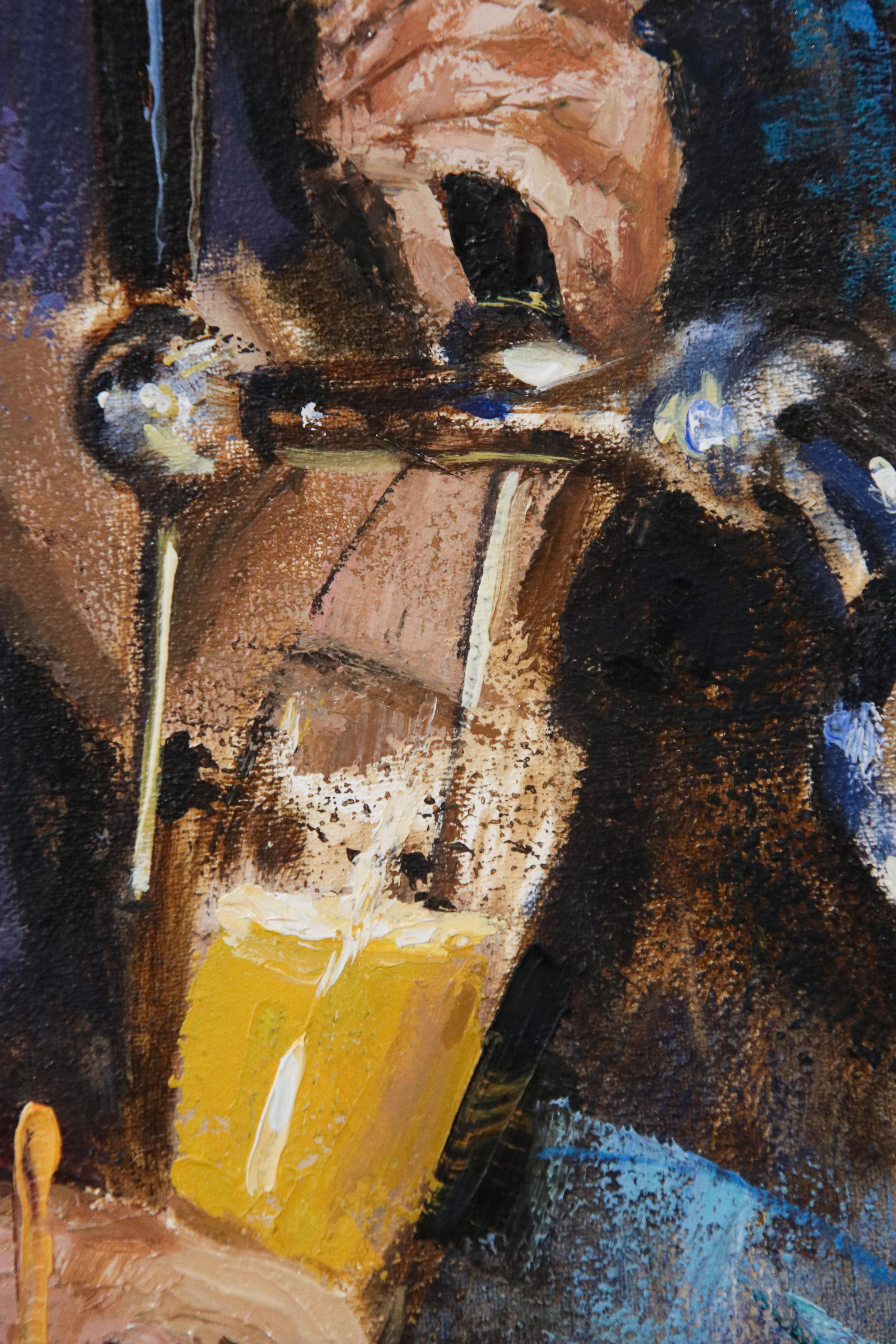 Cheers - Zeitgenössisches Ölgemälde des 21. Jahrhunderts mit einem Barkeeper, der ein Bier einschenkt (Grau), Interior Painting, von Erik van Elven