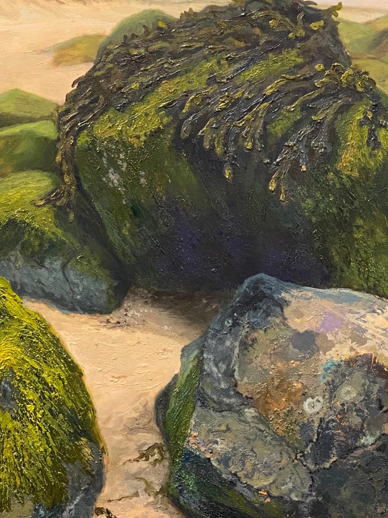 This painting by Esther Schlebos is made in thick layers of paint. Esther Schlebos, winner of the 'Prix de Norvège 2019' likes to paint the character of  stones, tree roots and thee moss and other vegetation on it. She sees it as monuments parts in