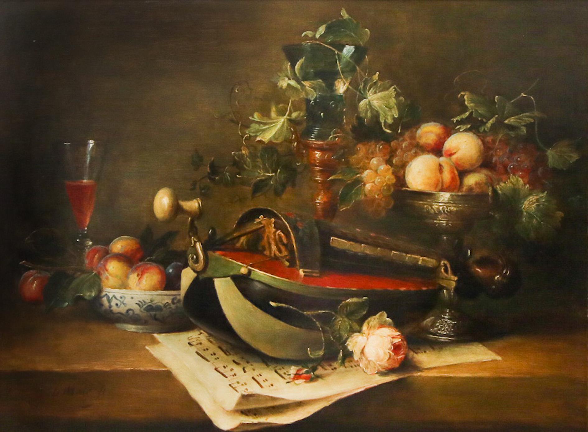 Cornelis Le Mair Still-Life Painting - Hurdy-gurdy with Peony and Fruit - 21st Century Classic Style Dutch Still-Life