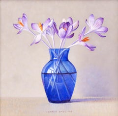 Crocuses in Little Blue Vase - 21st Century Contemporary Oil Paint Still-Life