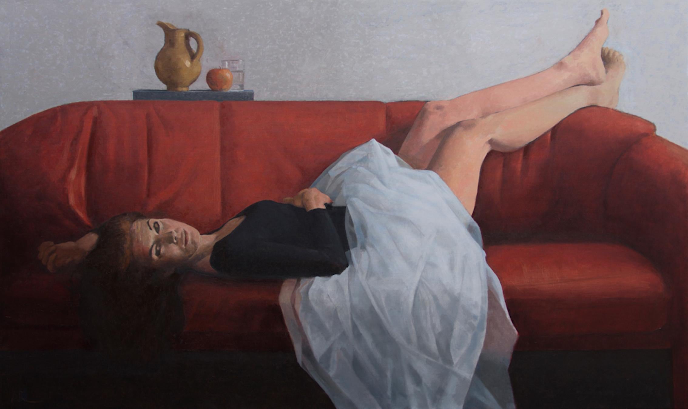 Adolfo Ramon Figurative Painting - Woman with Still-Life - 21st Century Contemporary Oil Painting of Woman on Couch