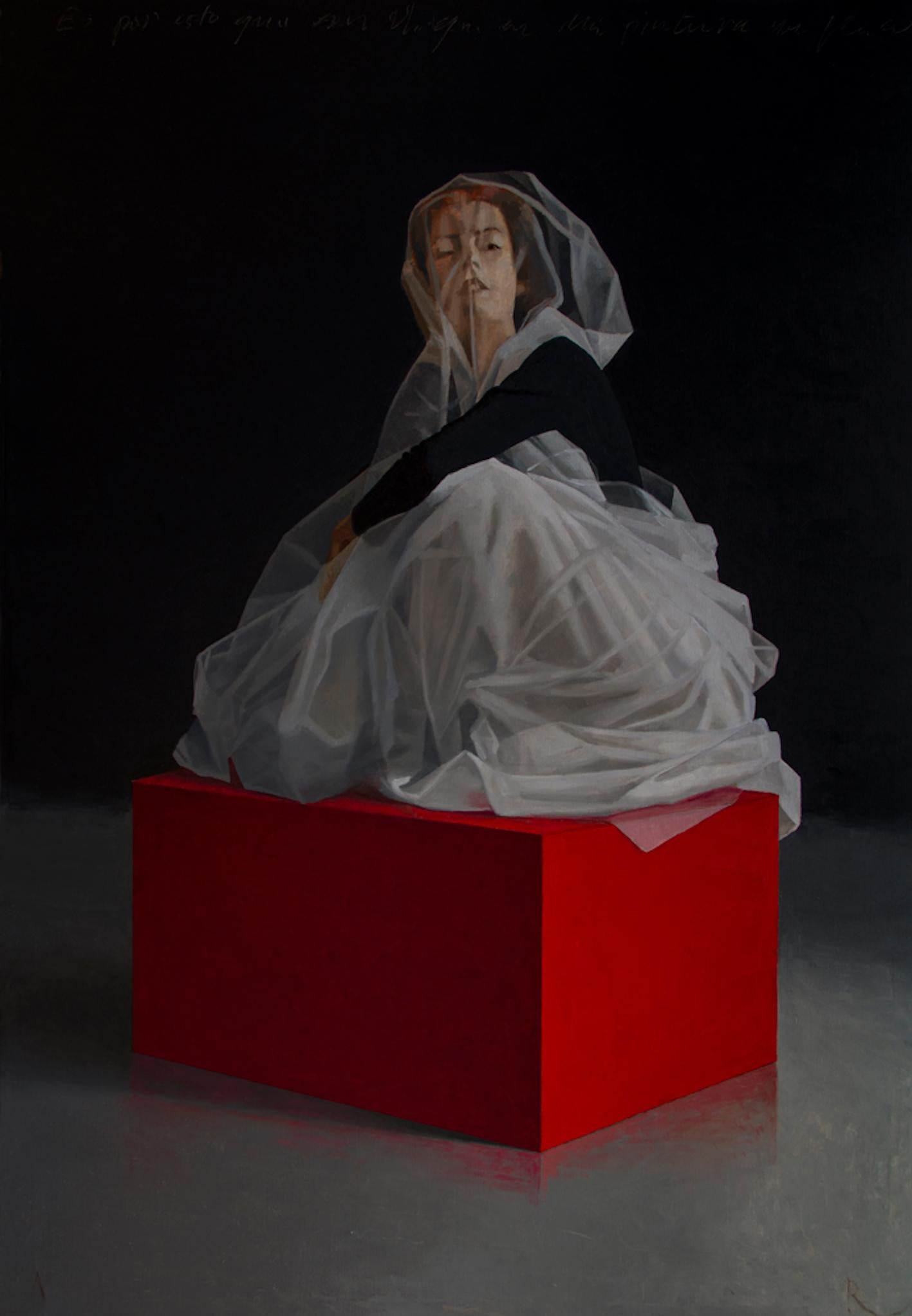 Figurative Painting Adolfo Ramon - Femme sur étagère - Peinture à l'huile contemporaine du 21e siècle représentant une femme en robe