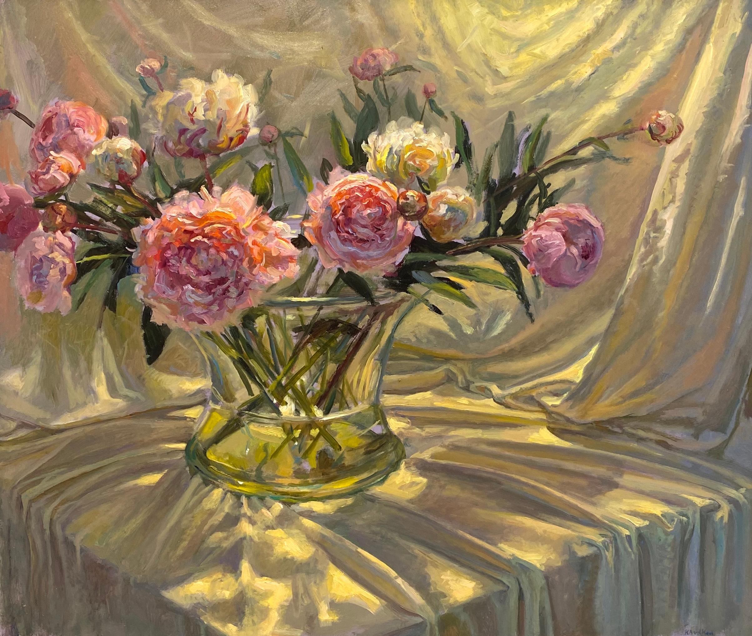Keimpe van der Kooi Figurative Painting - Peonies - 21st Century Colorful Impressionistic oil painting with flowers