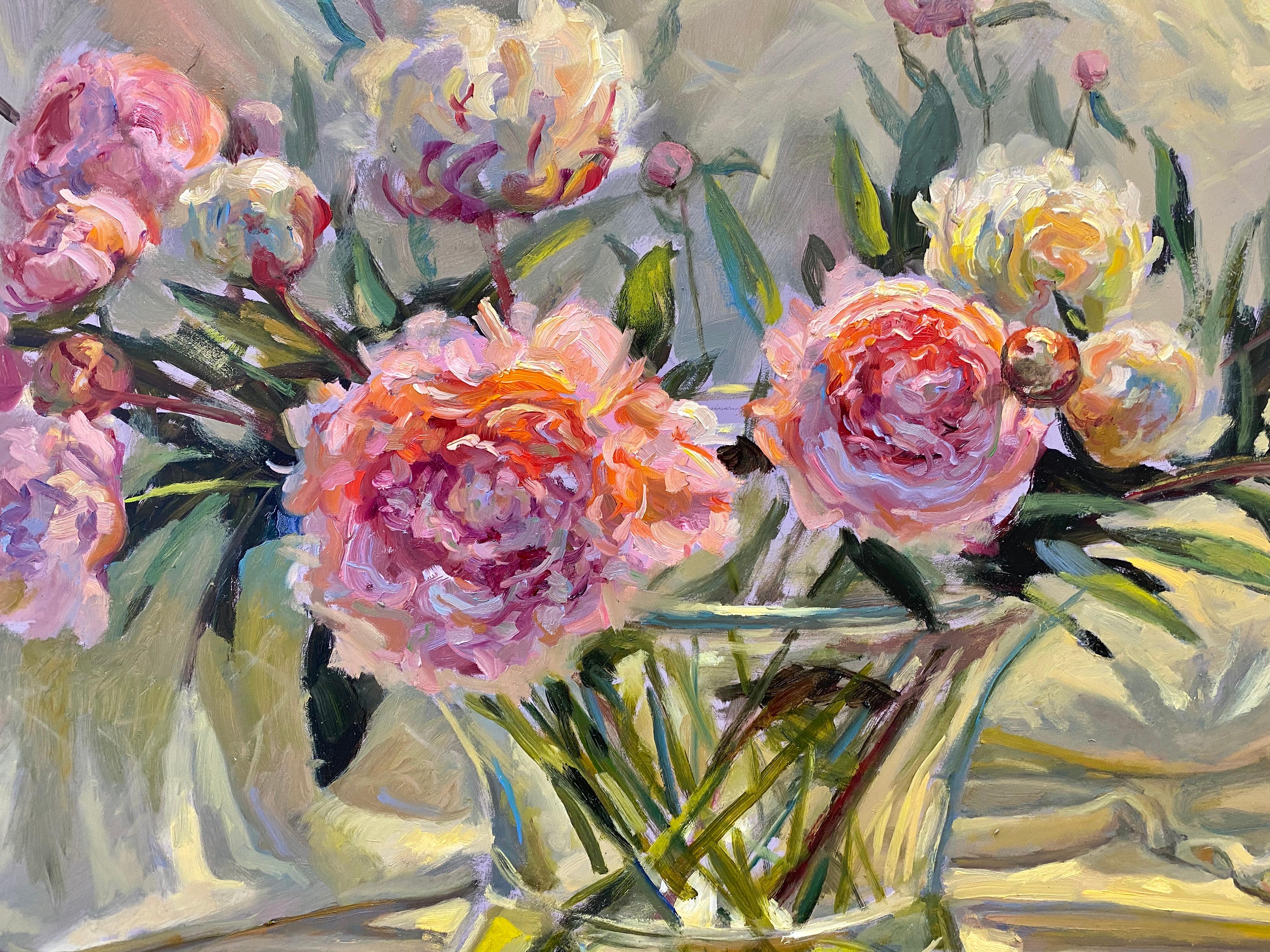 Peonies - 21st Century Colorful Impressionistic oil painting with flowers - Brown Figurative Painting by Keimpe van der Kooi