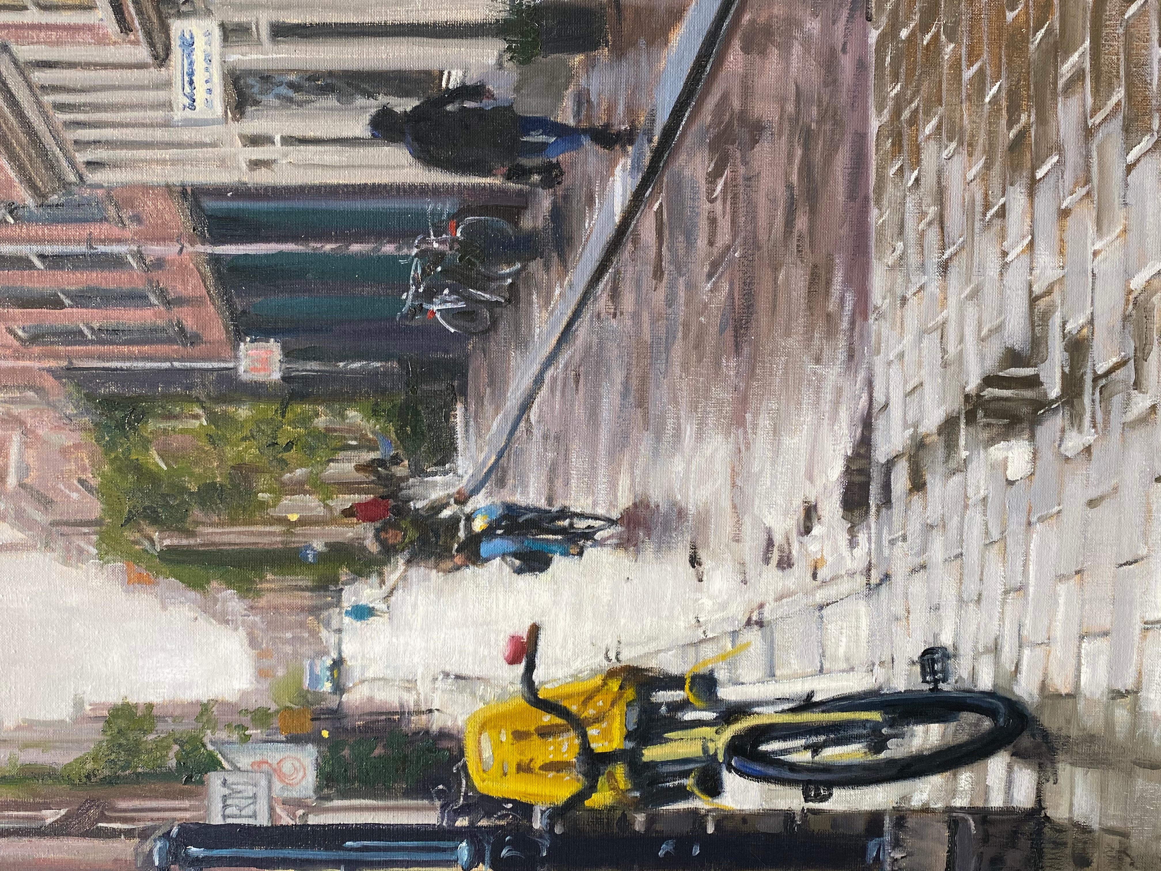 Rain in Amsterdam- 21st Century Contemporary Dutch Cityscape Oilpainting - Gray Figurative Painting by Richard van Mensvoort