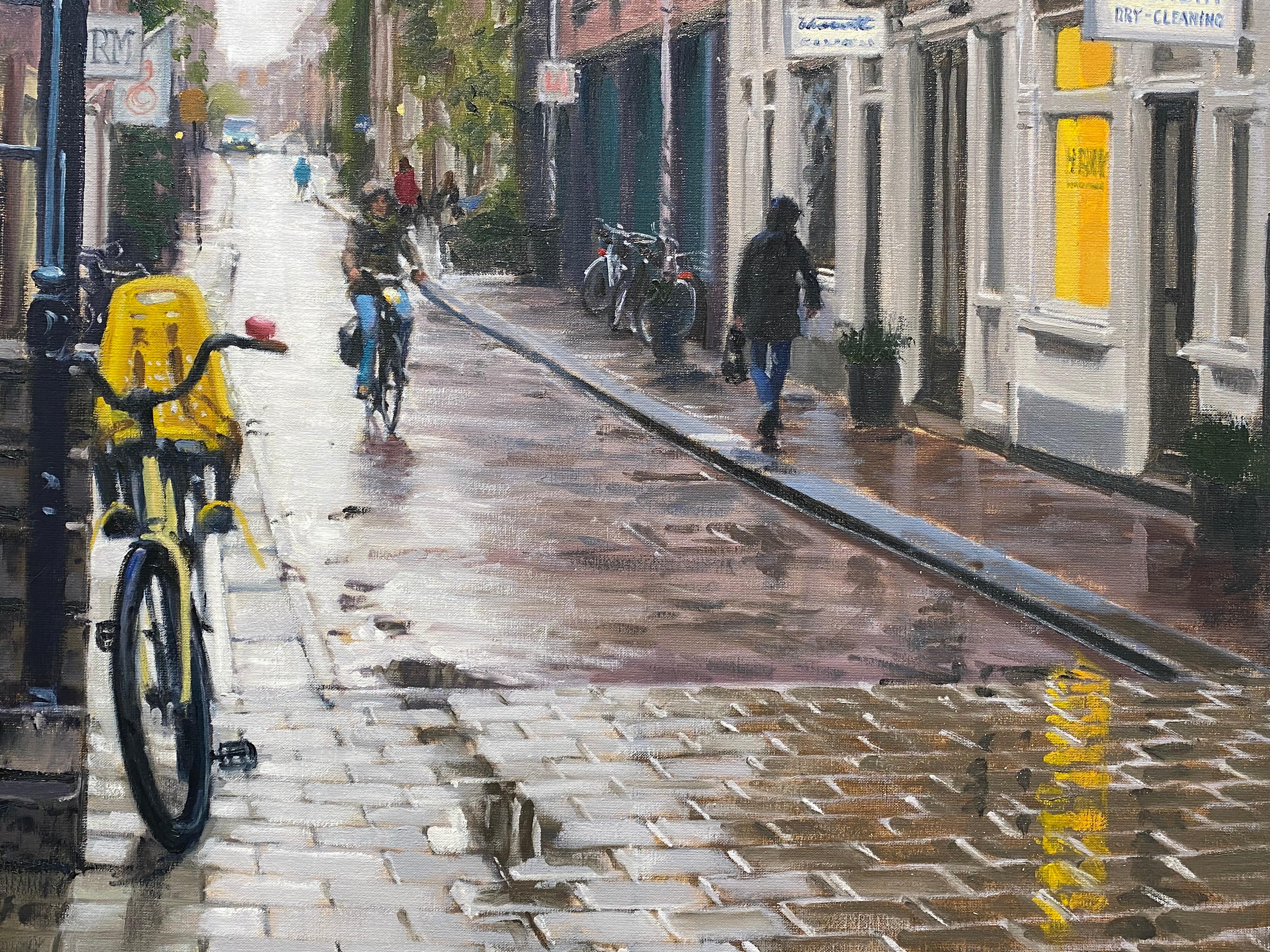 Rain in Amsterdam- 21st Century Contemporary Dutch Cityscape Oilpainting  1