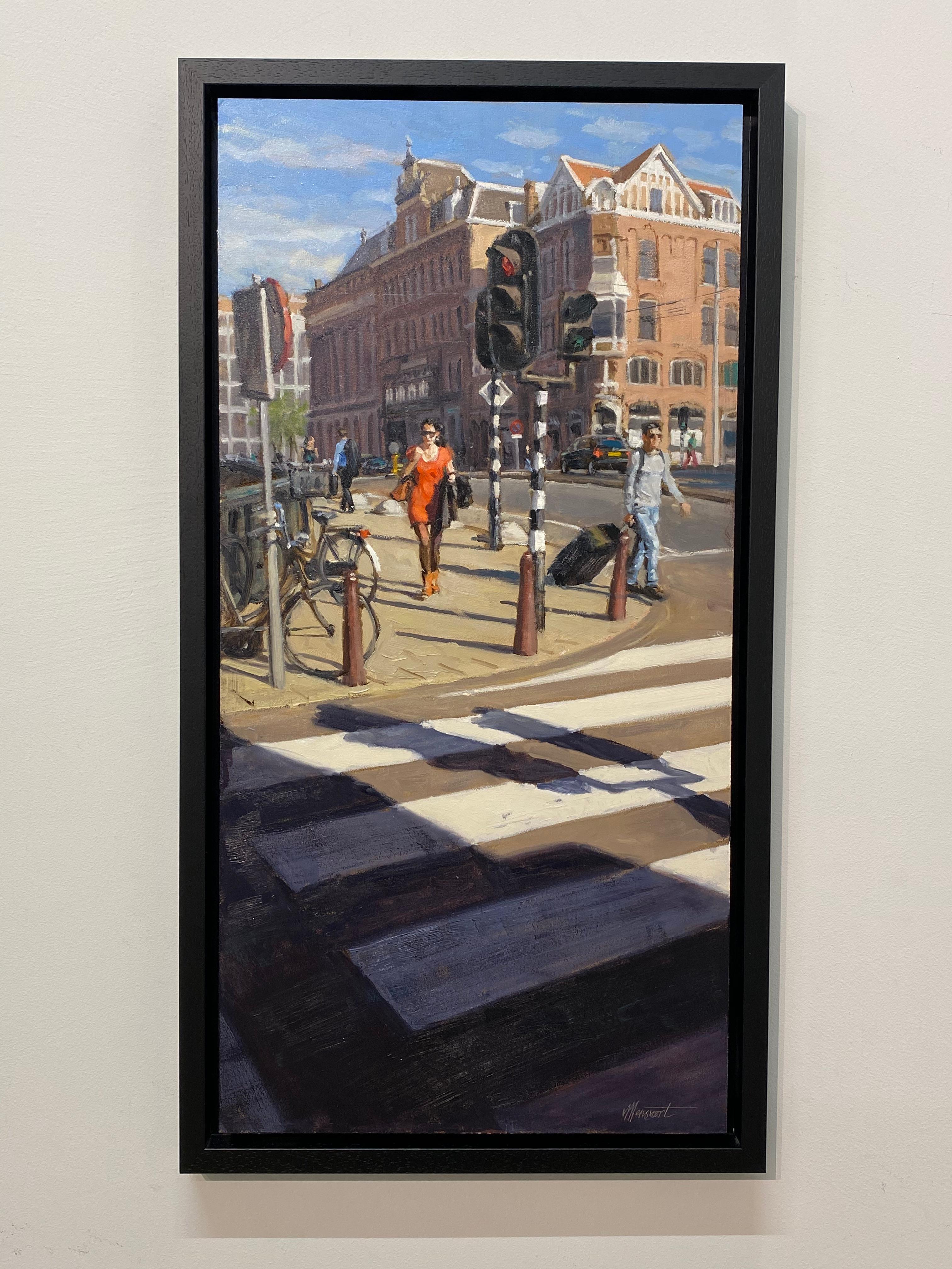 Red Dress- 21st Century Contemporary Cityscape ( Amsterdam) - Black Landscape Painting by Richard van Mensvoort