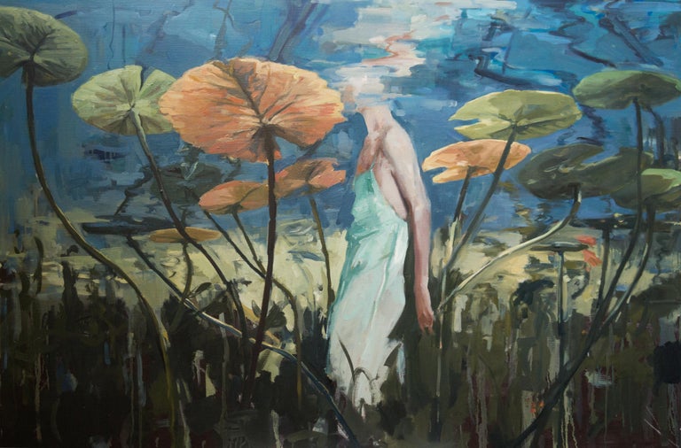 Jantien de Boer Figurative Painting - Sleepwalker - Contemporary Oil Painting of a Woman Seen From Under Water