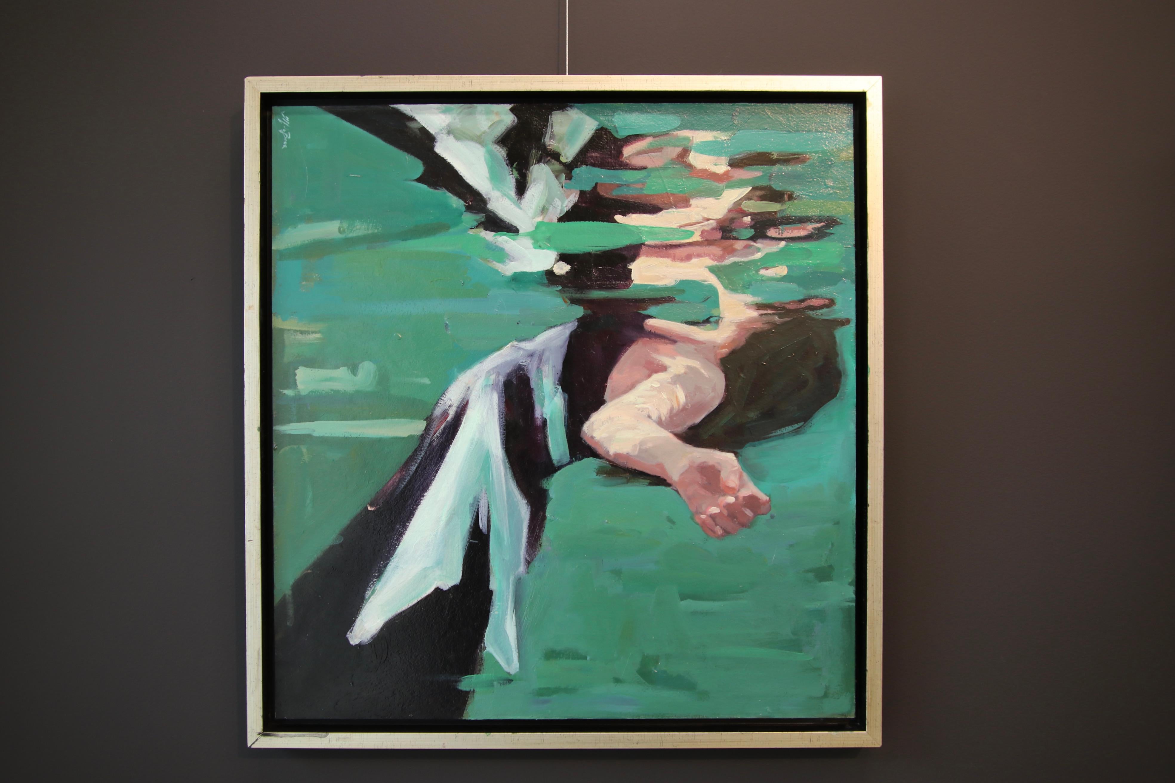 Topsyturfy, Gemälde eines in Wasser schwebenden Mädchens aus dem 21. Jahrhundert (Zeitgenössisch), Painting, von Jantien de Boer