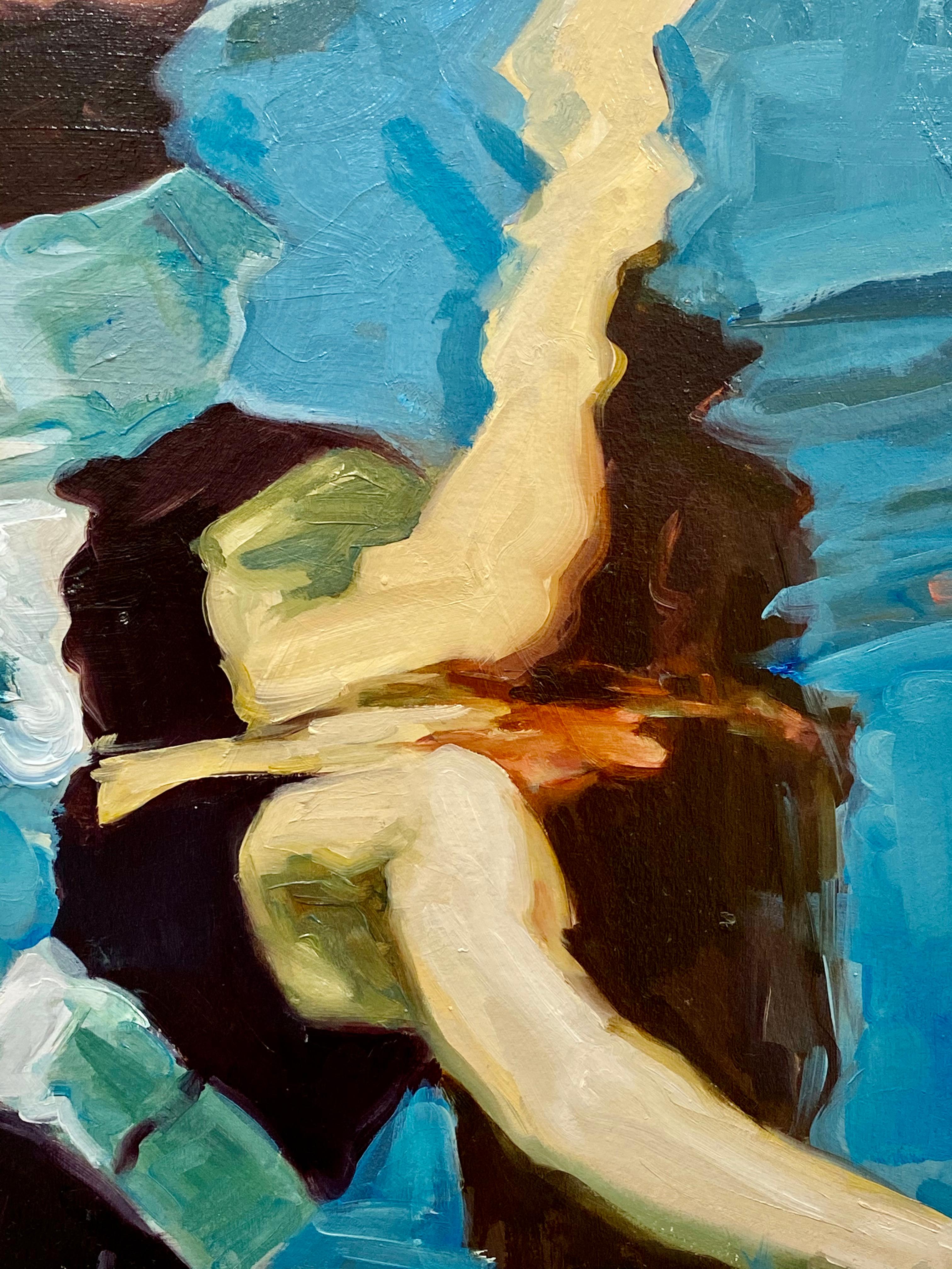 Touch - Peinture à l'huile du 21e siècle représentant une fille flottant et se reflétant  dans l'eau - Painting de Jantien de Boer