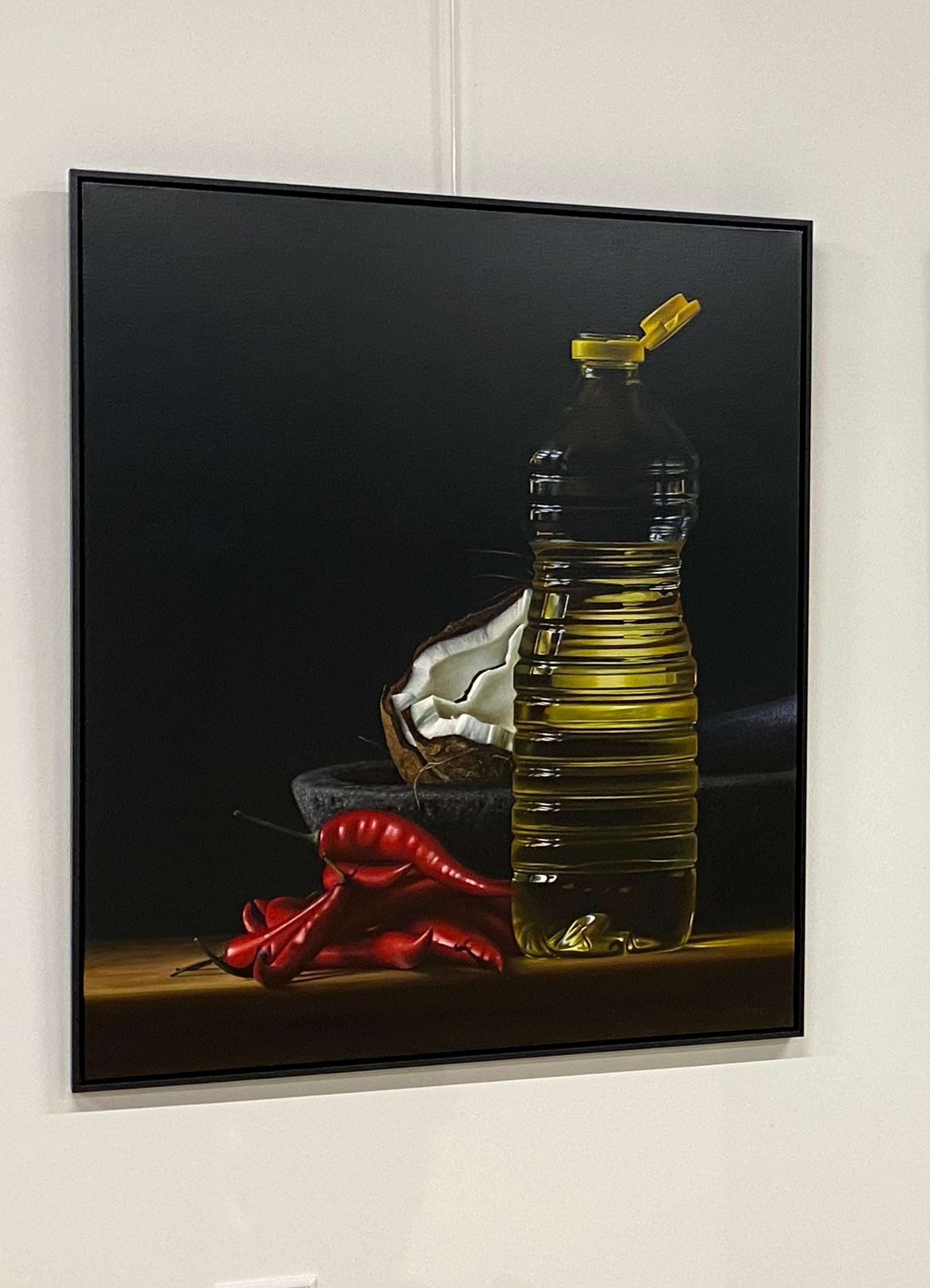 Bottle of oil with coconut and red peppers II - Contemporary Painting by Heidi von Faber