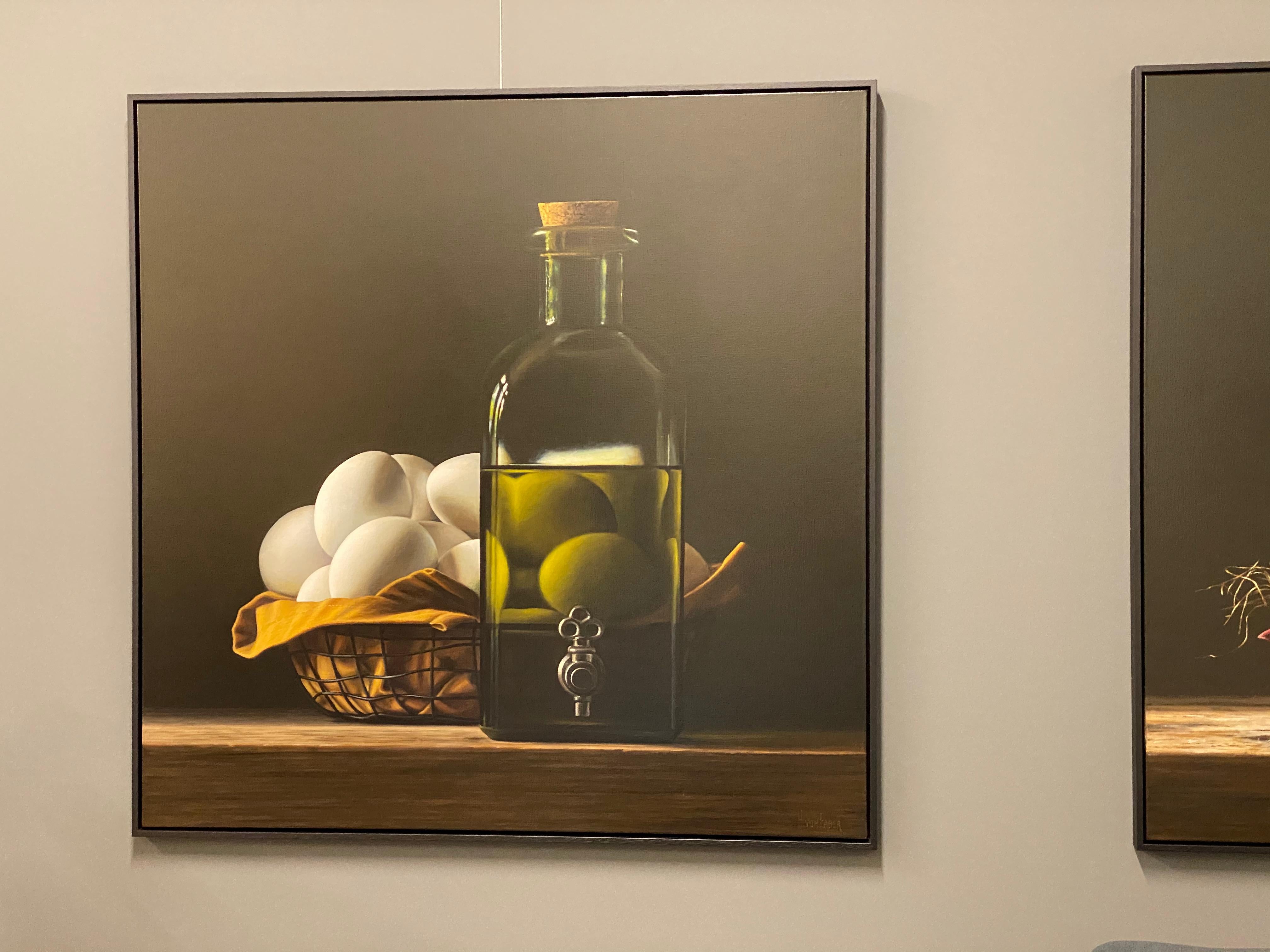 Bottle of Oil with Eggs- 21st Century Contemporary Still-life Painting with Eggs - Black Figurative Painting by Heidi von Faber