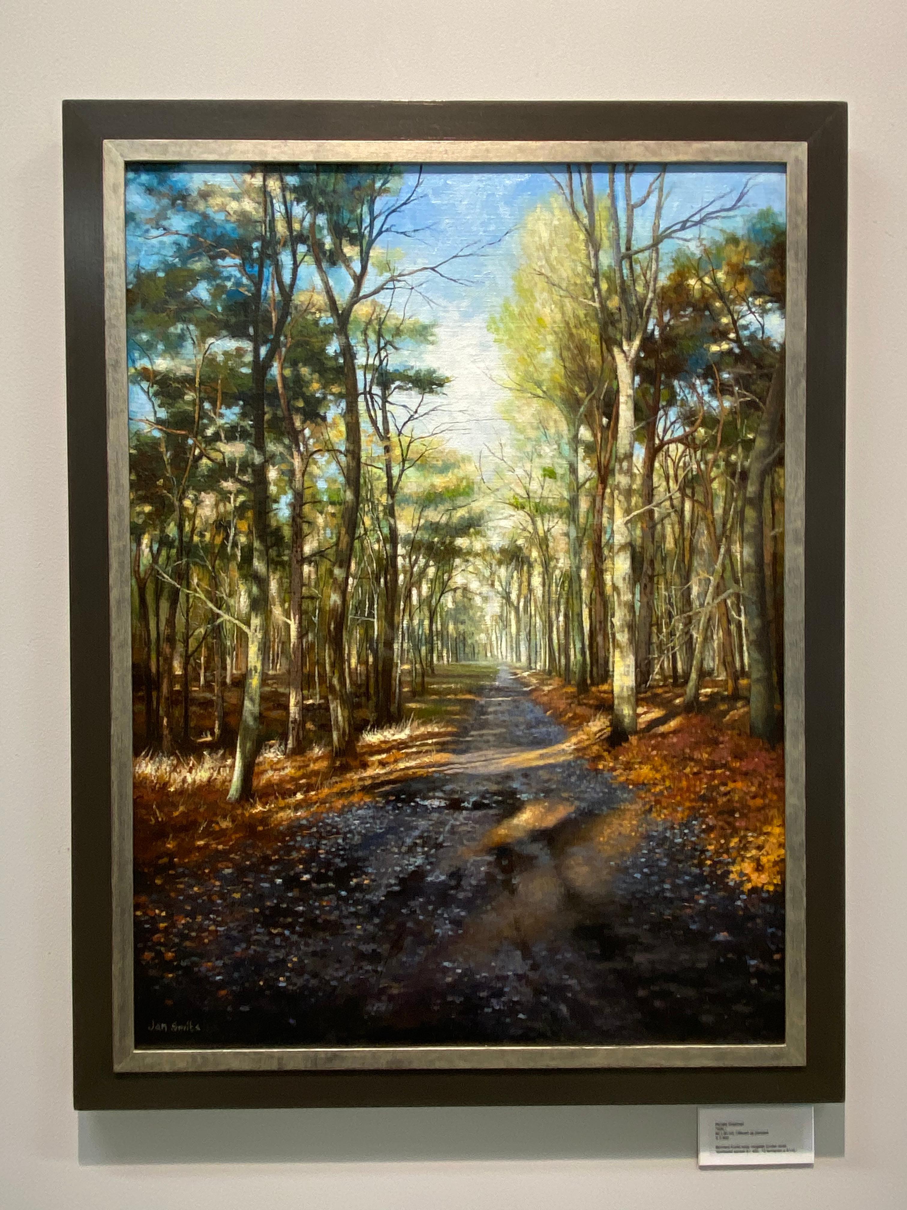 Forest with Sun and Trees - 21st Century Contemporary Landscape Painting - Black Figurative Painting by Jan Smits