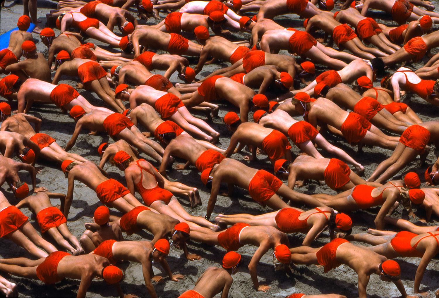 Roger Camp Landscape Photograph - Red Pushups, 1985 Huntington Beach, CA 