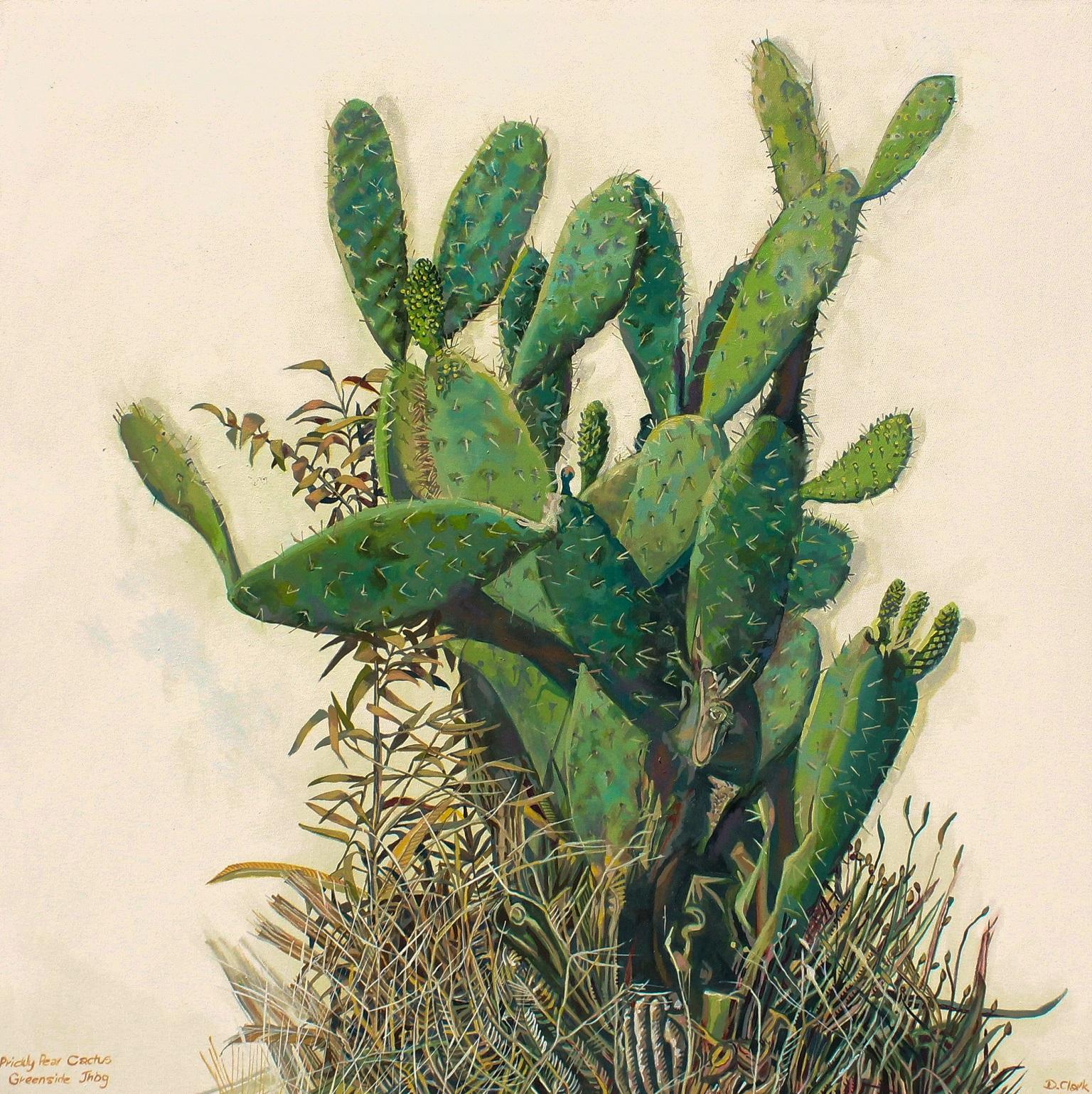 Dorothy Clark Landscape Painting - Prickly Pear Cactus, Greenside- Botanical painting, Oil paint on Canvas