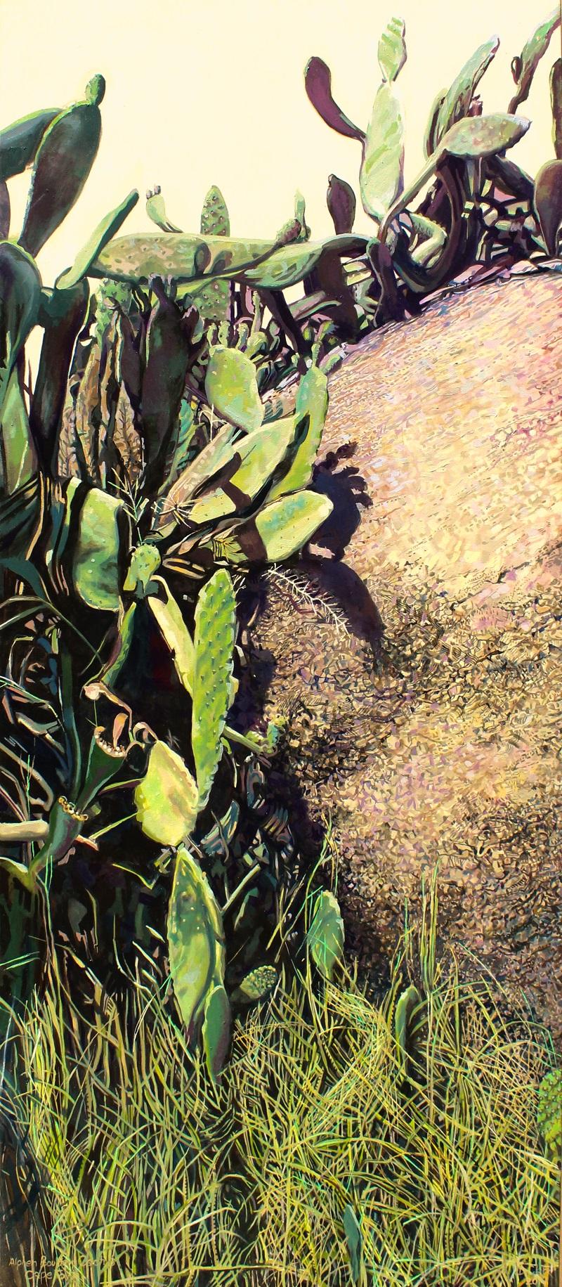 Dorothy Clark Landscape Painting - Alphen Boulder Cactus- Botanical painting, Oil paint on Canvas, 21st Century 