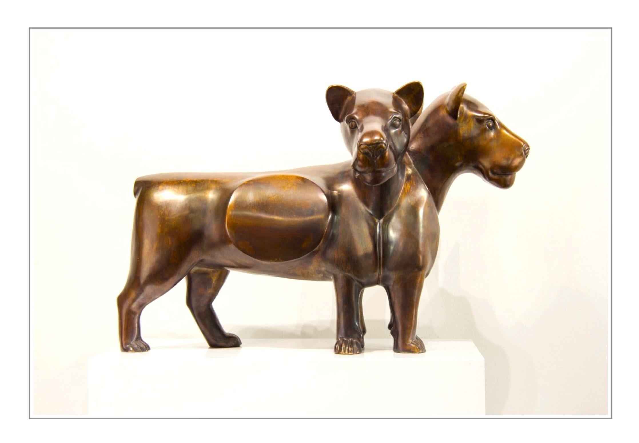 Joachim Schonfeldt Still-Life Sculpture - 3- Headed, 6- Legged Lioness in Bronze- Contemporary Sculpture, 21st Century