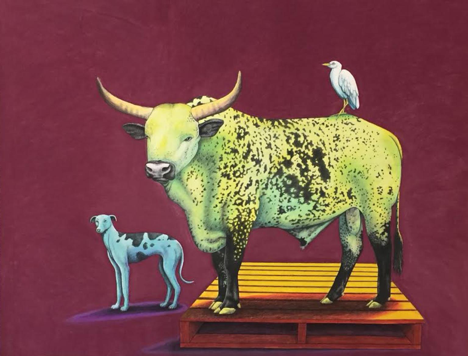 John Moore Animal Art - Green Cow, Blue Dog - Contemporary, Pastel on Fabriano Paper, 21st Century