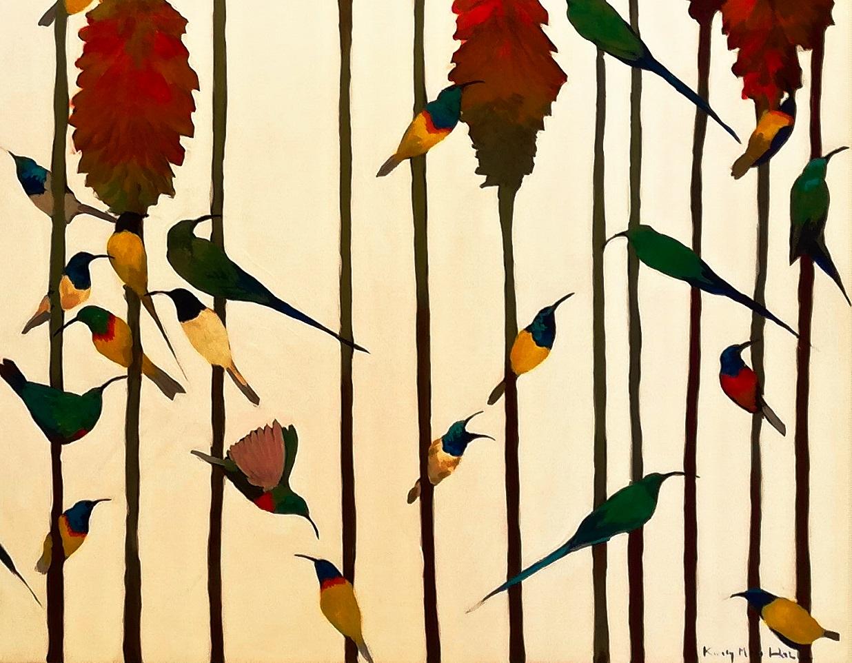 Sunbirds & Aloes - Contemporary, Acrylic on canvas laid on board, 21st Century - Beige Animal Painting by Kirsty May Hall