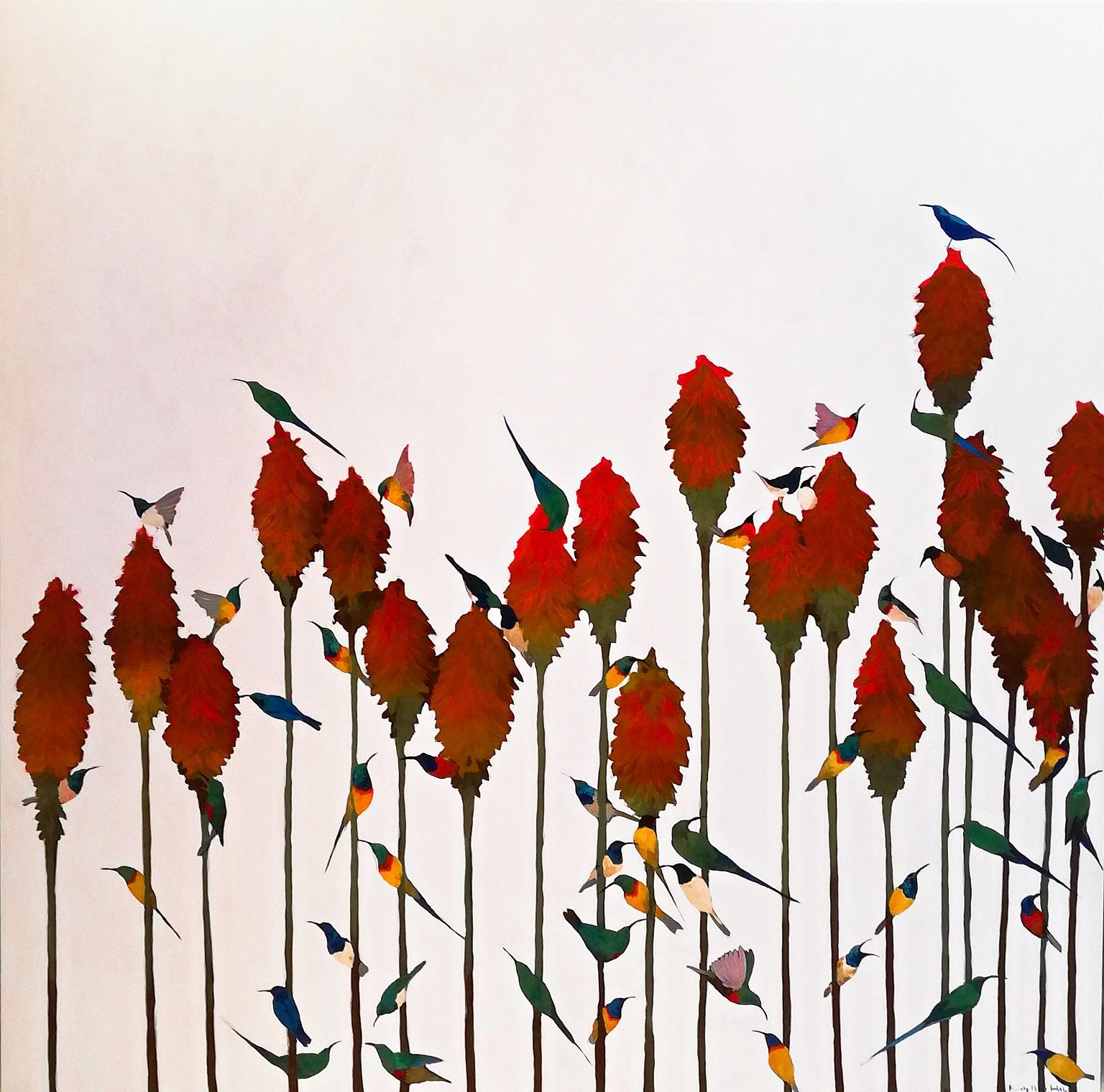 Kirsty May Hall Animal Painting - Sunbirds & Aloes - Contemporary, Acrylic on canvas laid on board, 21st Century