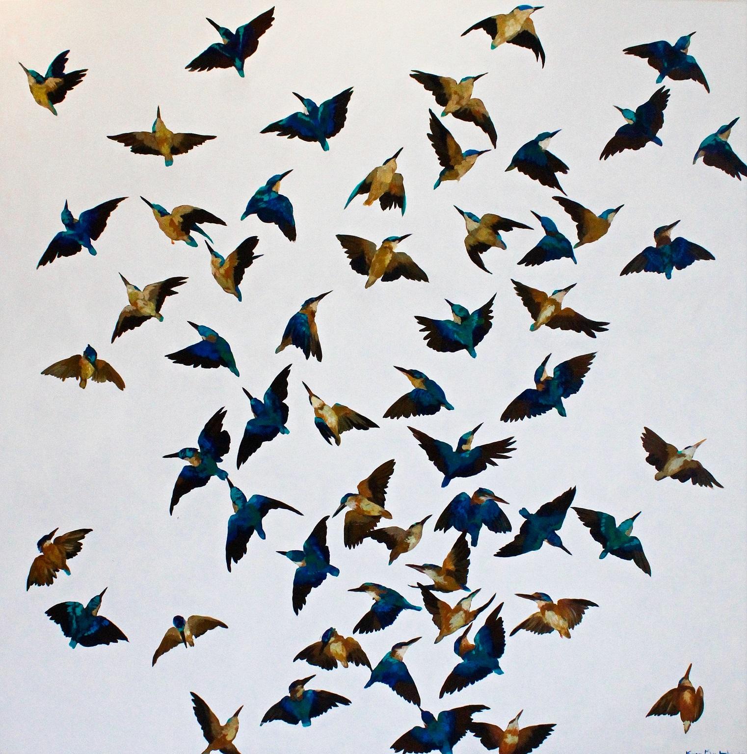 Kirsty May Hall Animal Painting - Kingfishers - Contemporary, Acrylic on canvas laid on board, 21st Century