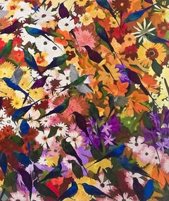 Sun birds in a garden- Contemporary painting, Acrylic on Canvas, 21st Century