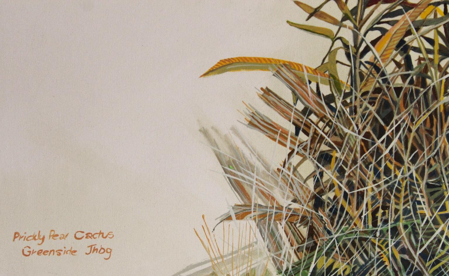 Prickly Pear Cactus, Greenside- Botanical painting, Oil paint on Canvas - Beige Landscape Painting by Dorothy Clark