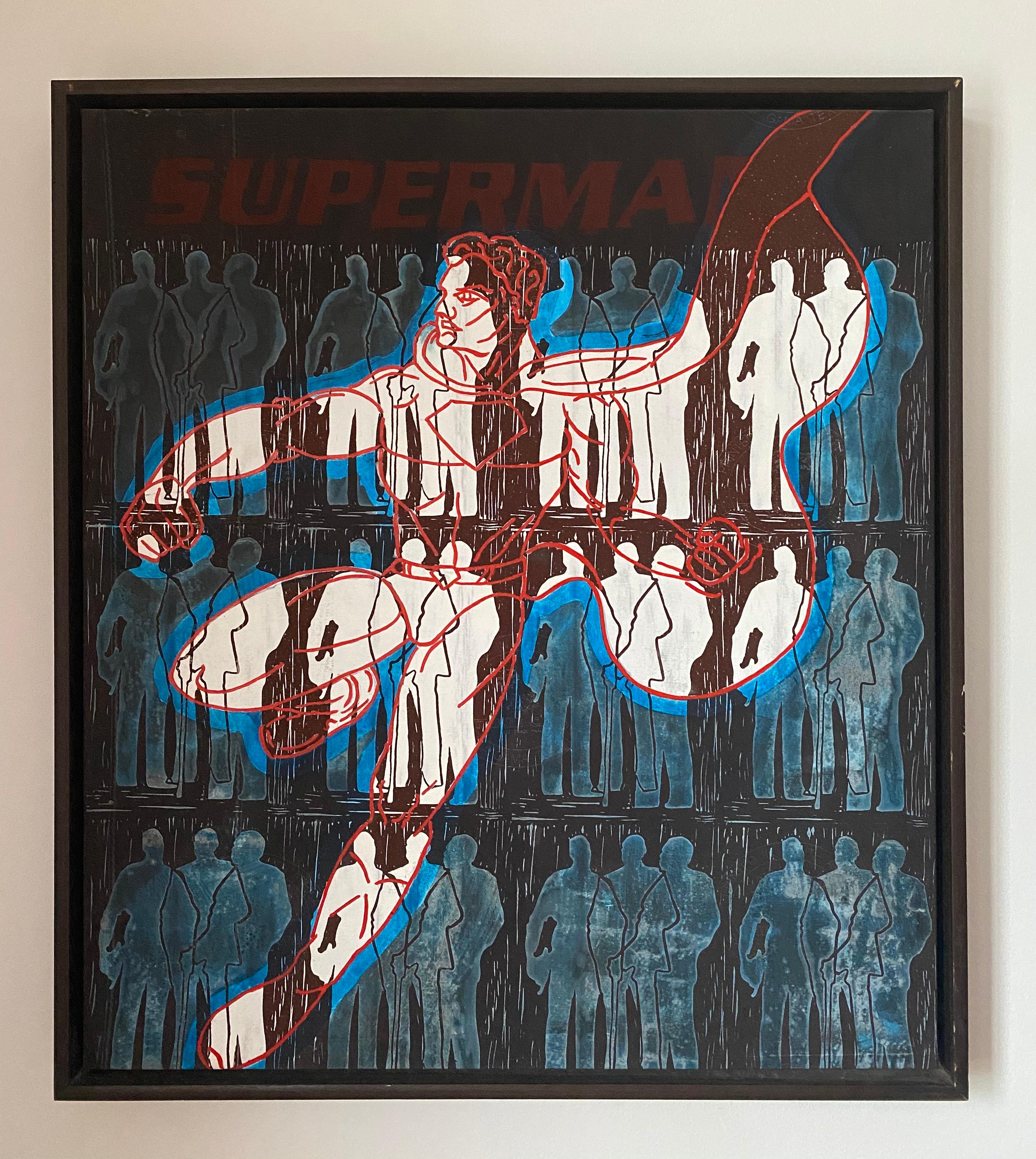 Superman, Contemporary, Mixed media on hand printed fabric, 21st Century(Framed) - Painting by Ann Gollifer