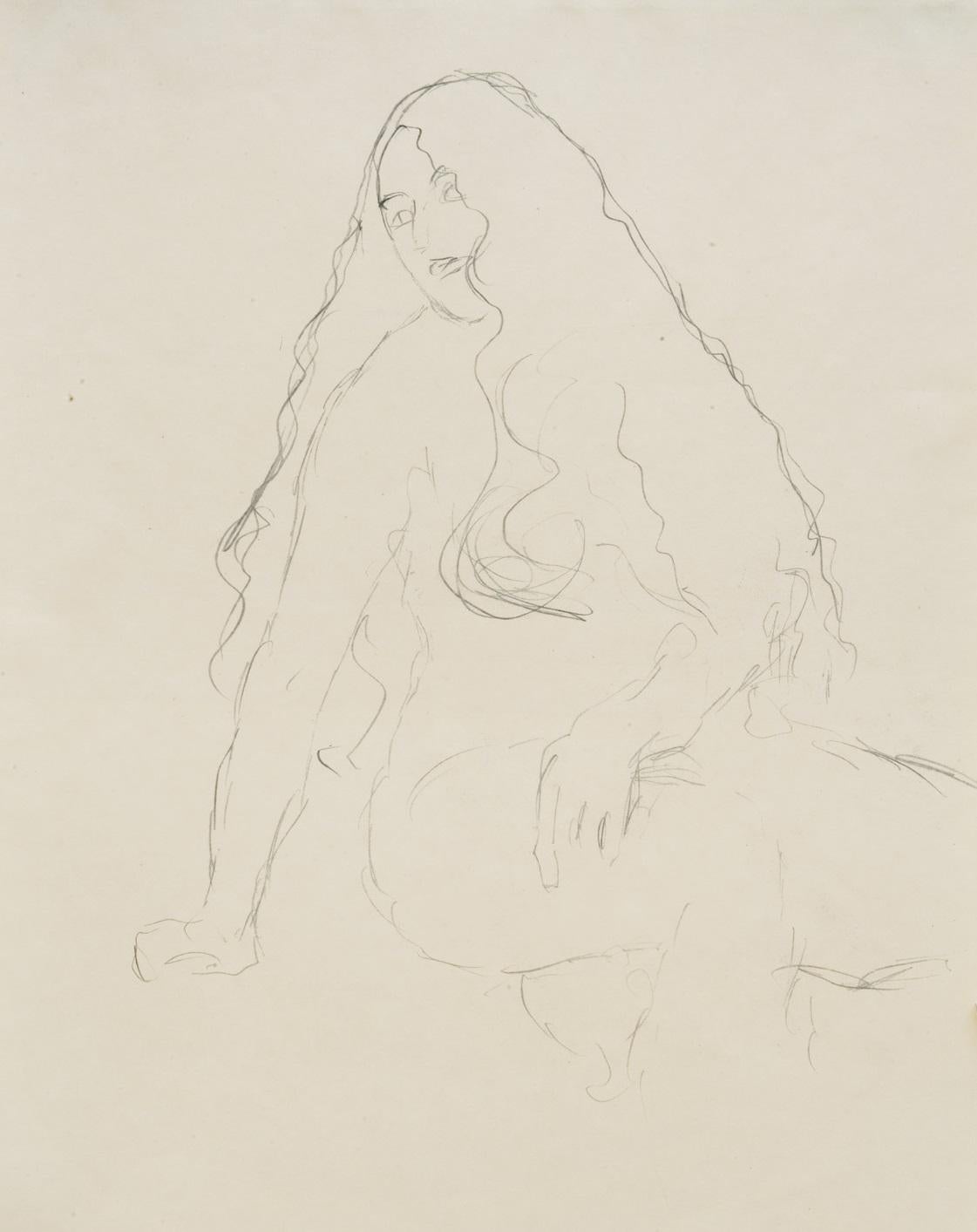 Seated, long-haired Nude, Study for "Adam and Eve" - Art by Gustav Klimt