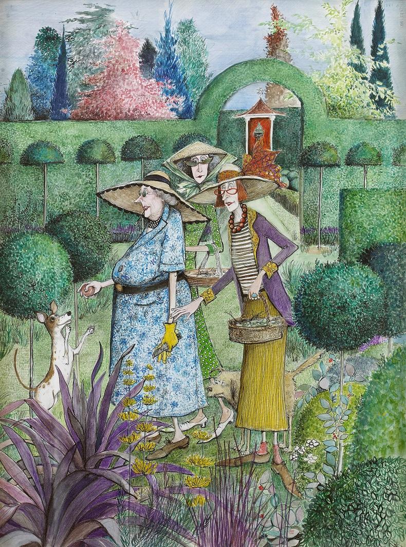 Sue Macartney Snape Figurative Art - 'Garden Visit' Original Watercolour Illustration by British social satirist 