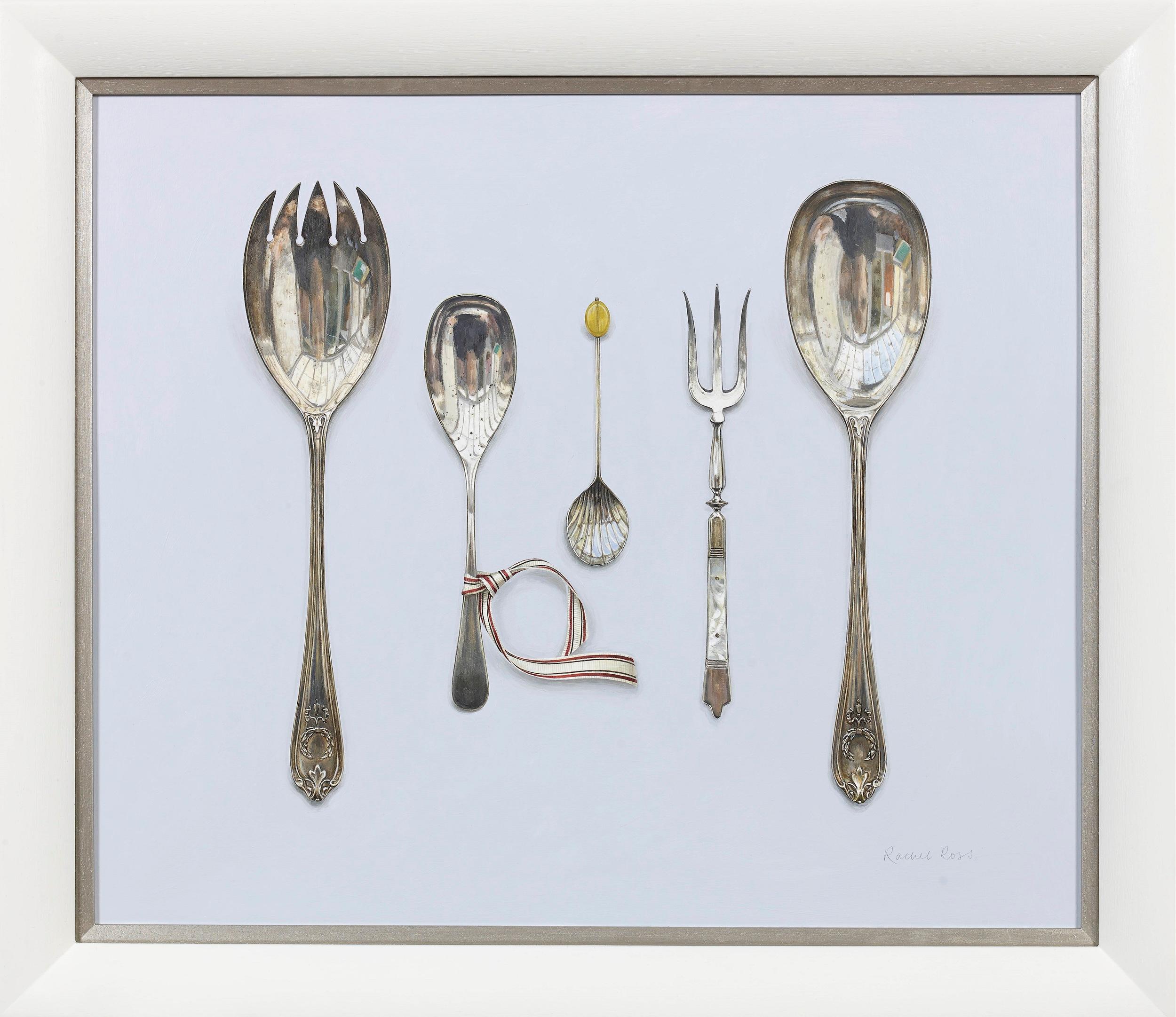 'Salad Servers with Arranged Silverware' by Scottish artistRachel Ross Rachel’s extraordinary still life paintings need no introduction. Well known for her immaculately described silver ware and cooking utensils her technical ability is faultless. A
