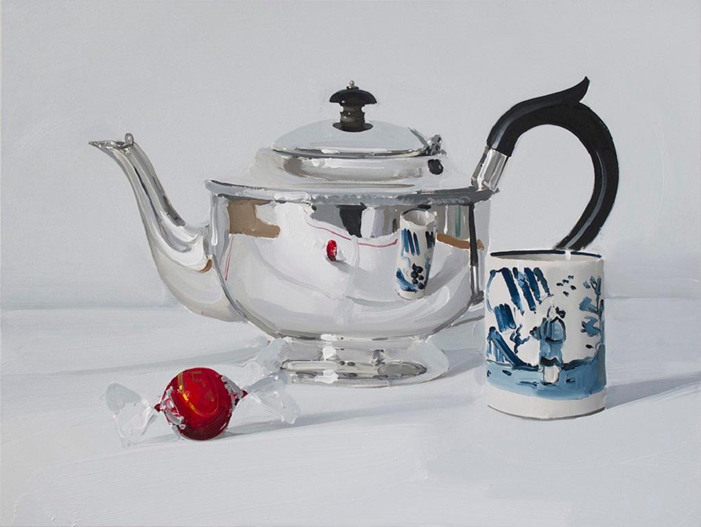 Alan Kingsbury RWA Still-Life Painting - 'Silver Teapot with Chocolate and cup' British Realist still life oil painting 