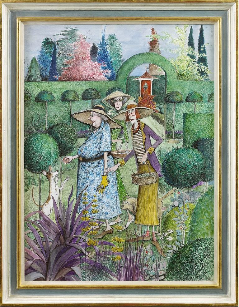 'Garden Visit' Original Watercolour Illustration by British social satirist  - Art by Sue Macartney Snape