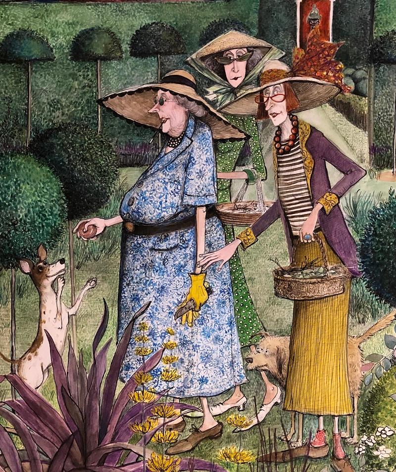 'Garden Visit' Original Watercolour Illustration by British social satirist  - Gray Figurative Art by Sue Macartney Snape