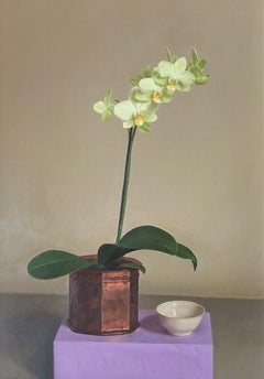 'Green Orchid in Copper Pot' British Realist still life oil painting