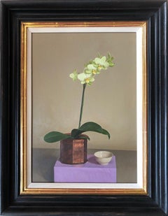 'Green Orchid in Copper Pot' British Realist still life oil painting