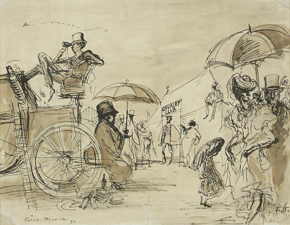 'Cavalry Club, 1939' Modern British Mid Century Master Drawing Illustration - Painting by Feliks Topolski