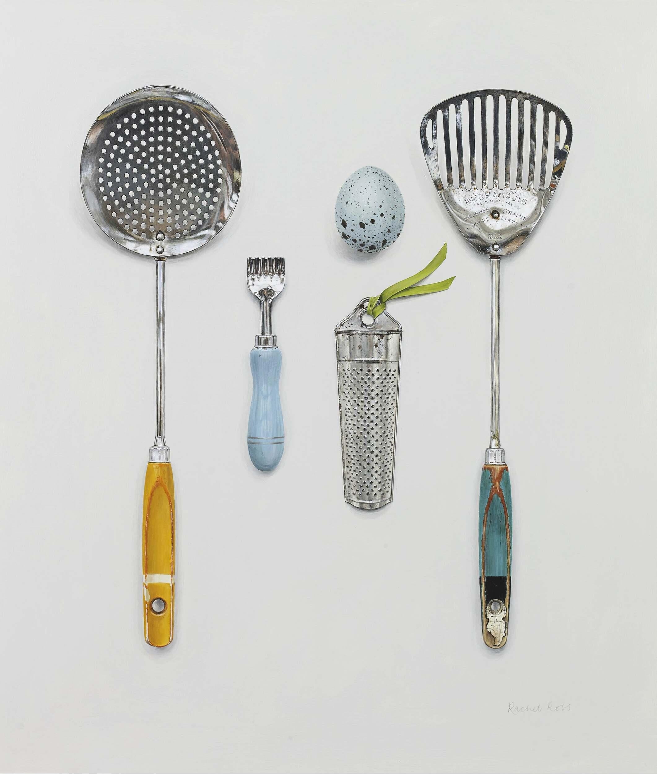 Arranged Implements with Green Ribbon - Painting by Rachel Ross