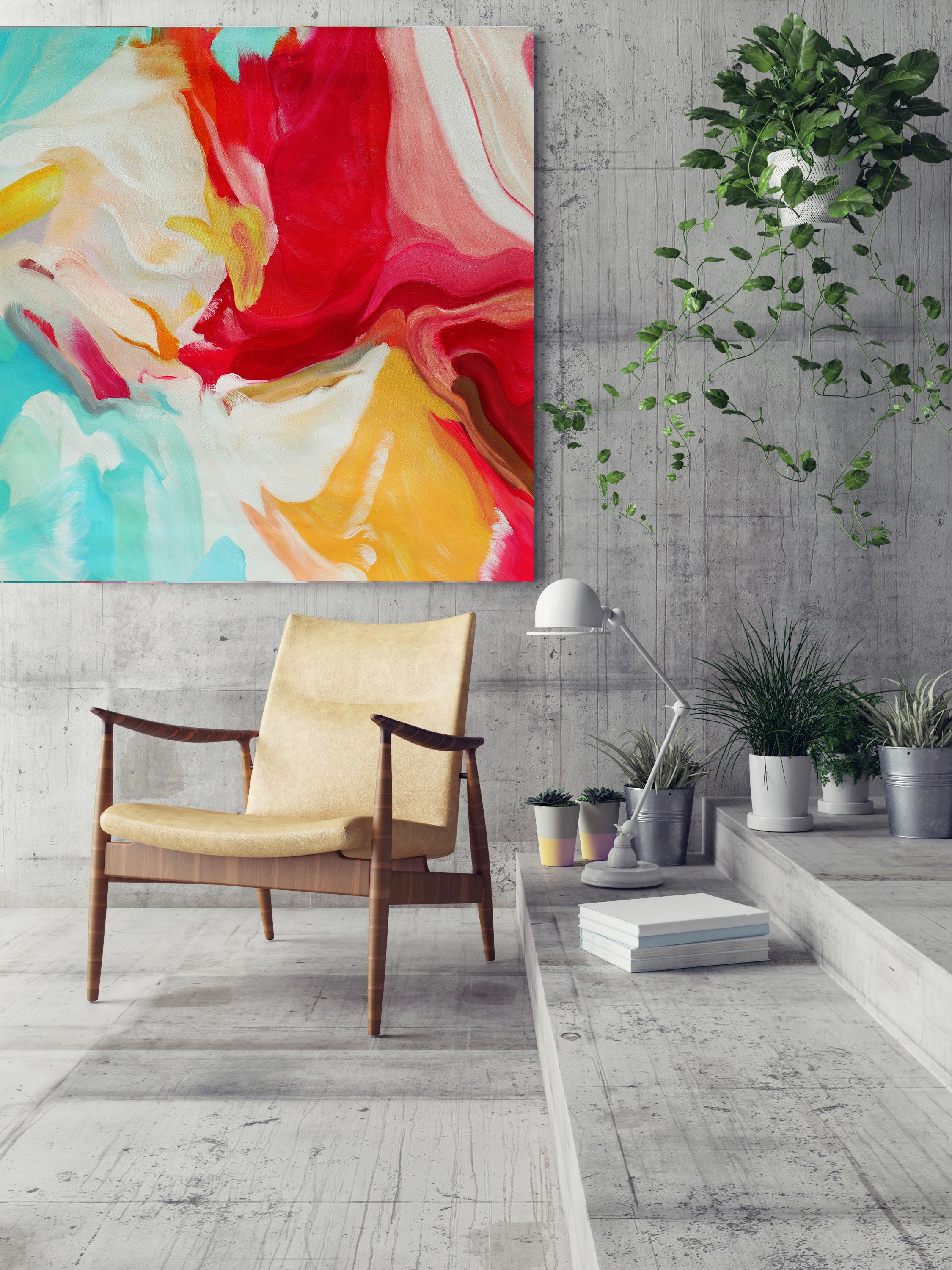 Abstract Painting Irena Orlov - Peinture à l'huile abstraite sur toile rouge, jaune et turquoise 36 x 36", Serenade