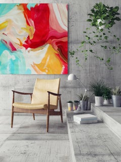 Peinture à l'huile abstraite sur toile rouge, jaune et turquoise 36 x 36", Serenade