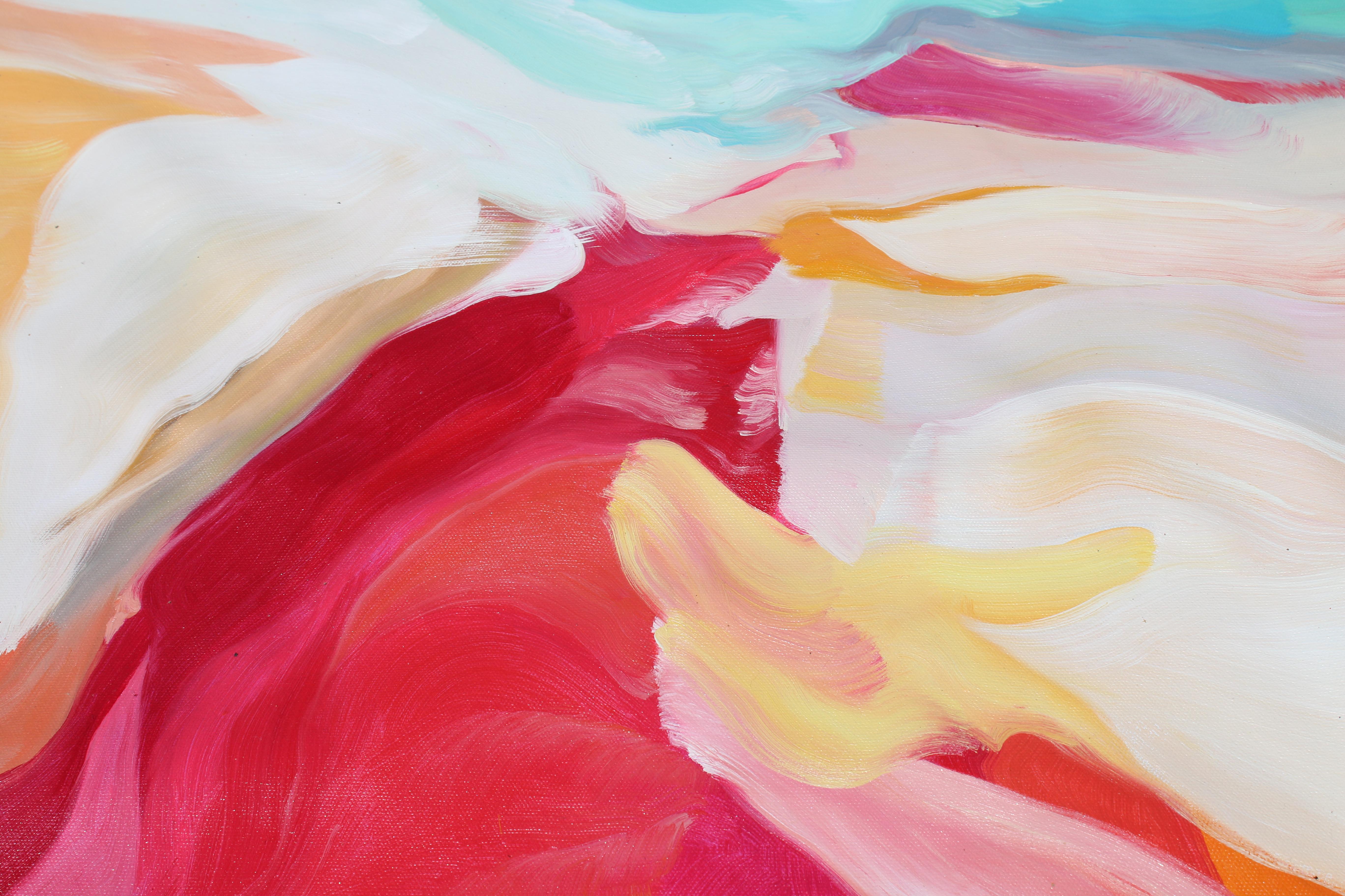 Peinture à l'huile abstraite sur toile rouge, jaune et turquoise 36 x 36