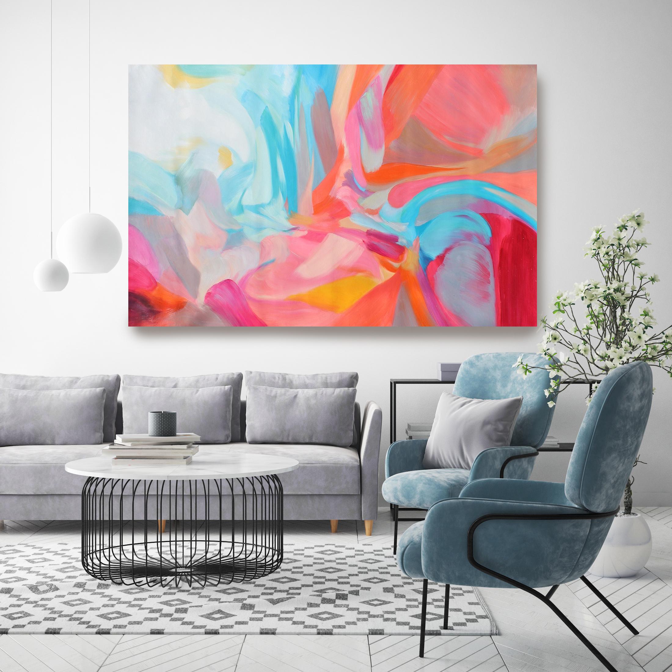 Irena Orlov Abstract Painting - Abstract Flow Red Blue Acrylic Painting 42 H X 68"W, Balance of Independence