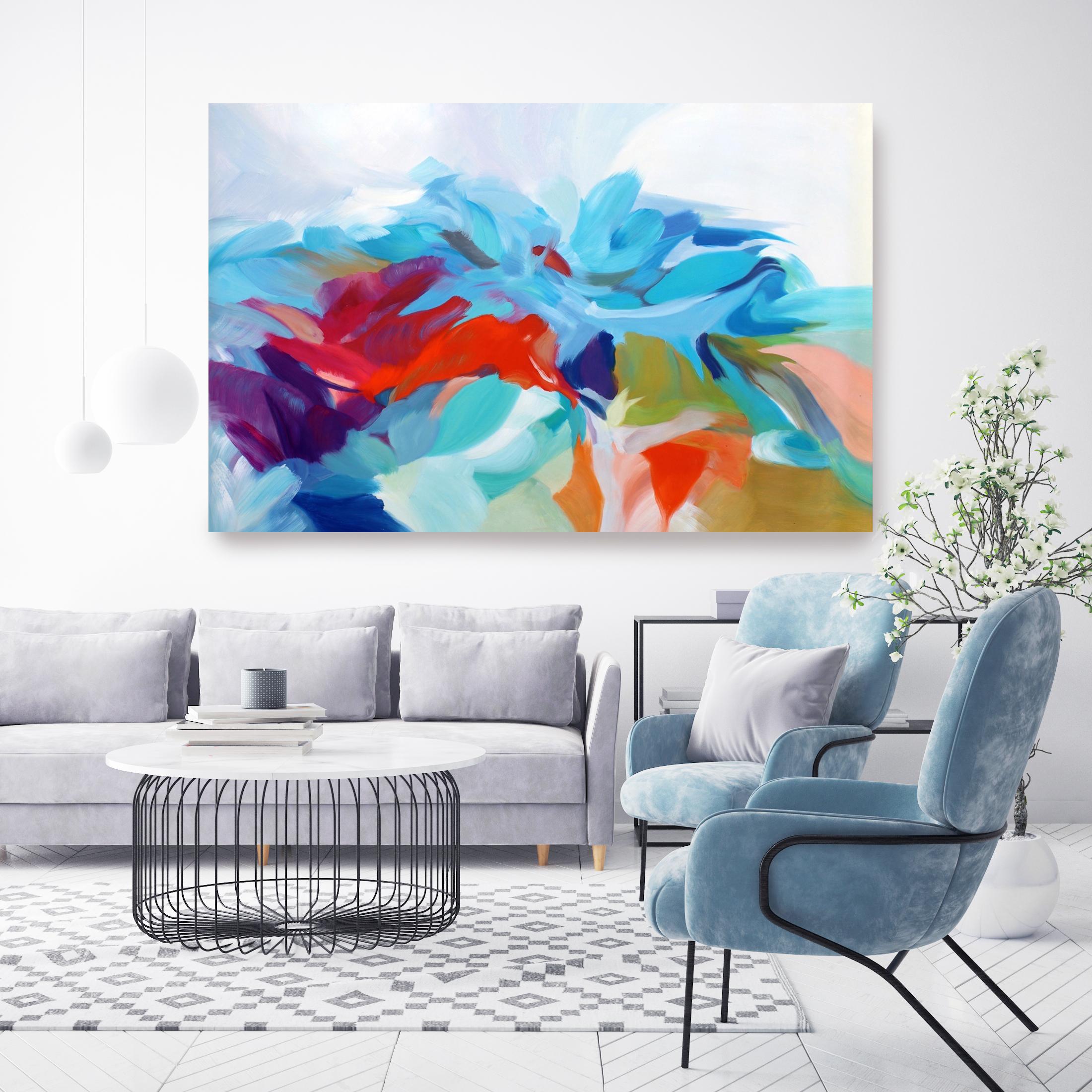 Irena Orlov Interior Painting - Abstract Red Blue Original Acrylic Painting 42 H X 68"W, Abstract Miracle