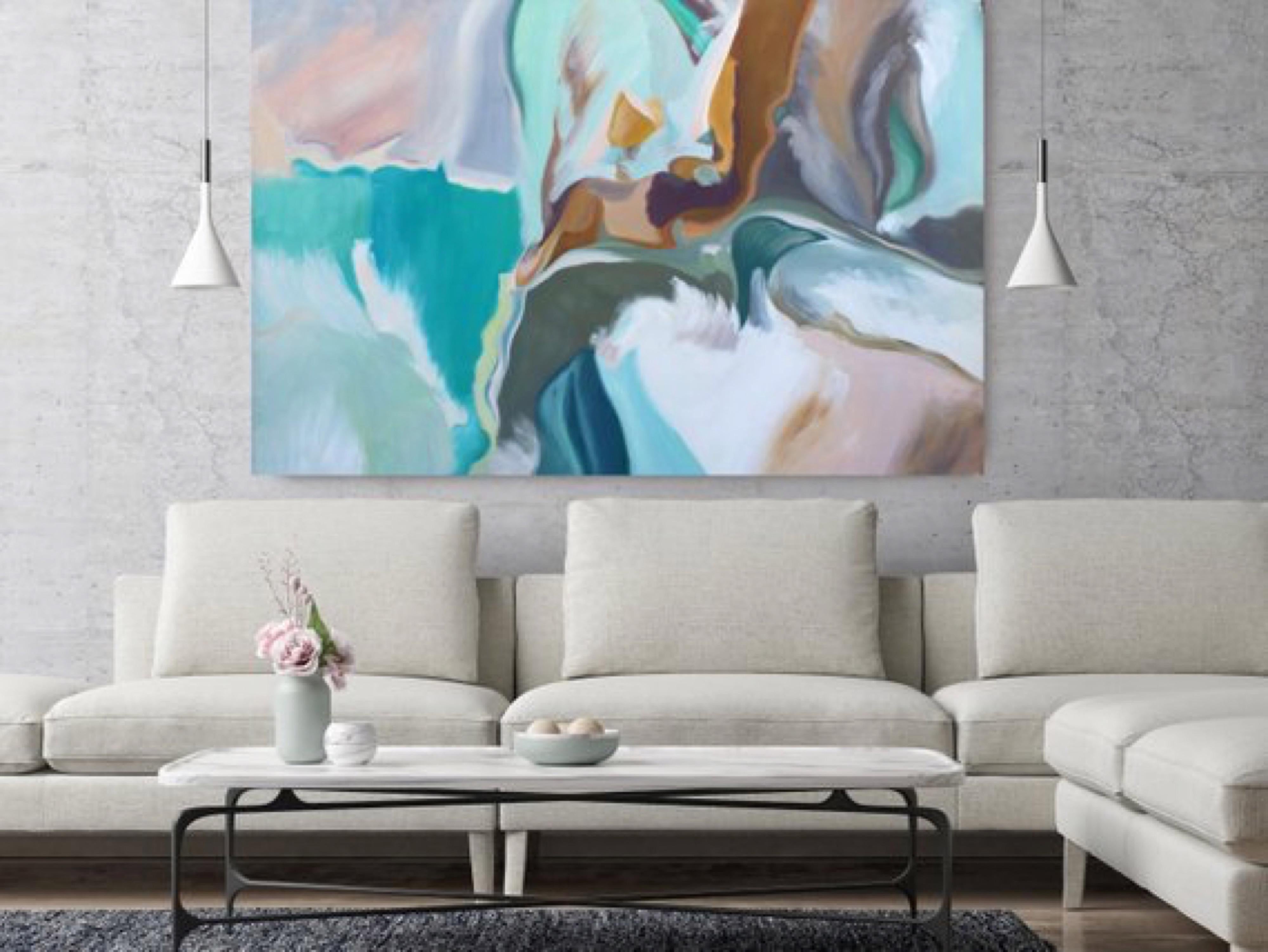 Irena Orlov Interior Painting - Modern Abstract Aqua Original Acrylic Painting 42H X 68"W, Expression of Balance