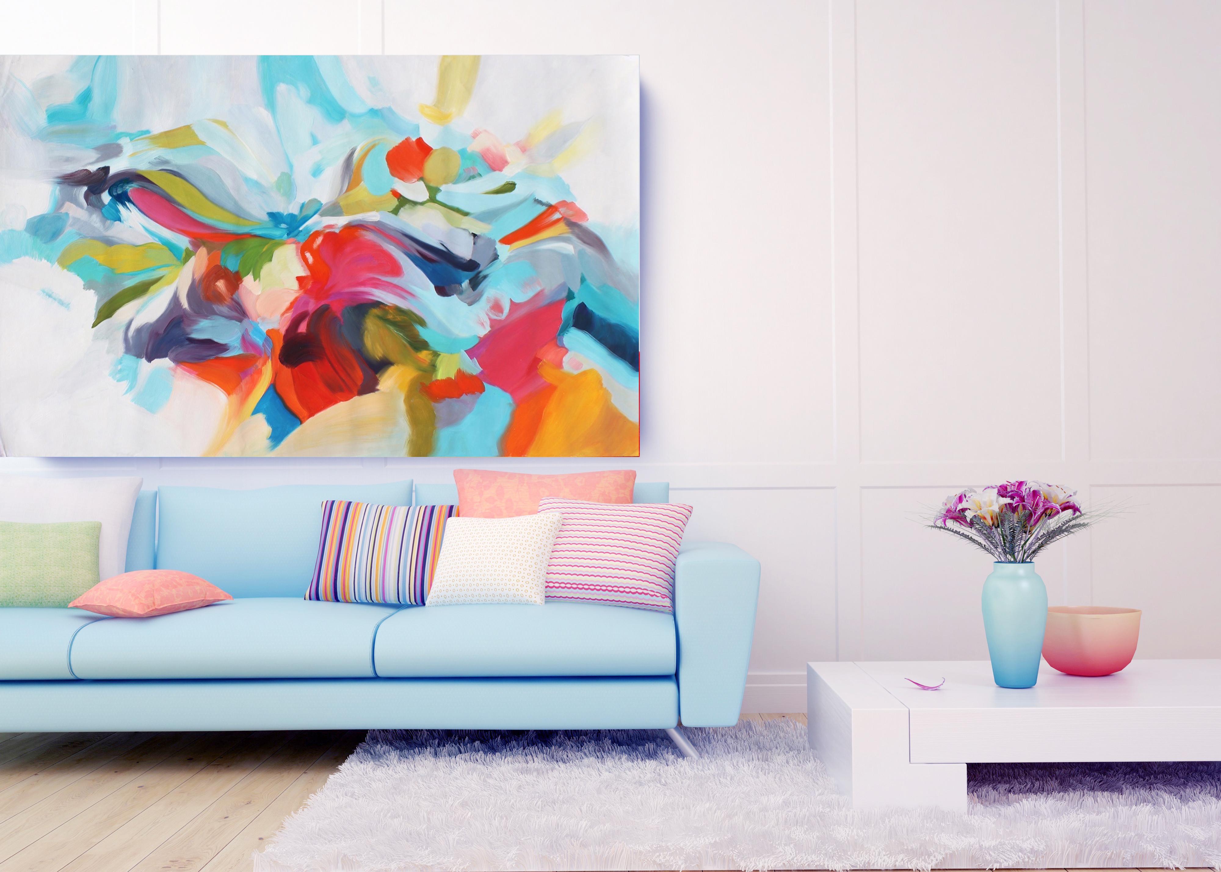 Irena Orlov Interior Painting - Abstract Red Blue Original Acrylic Painting 42 H X 68"W, Fights of Time