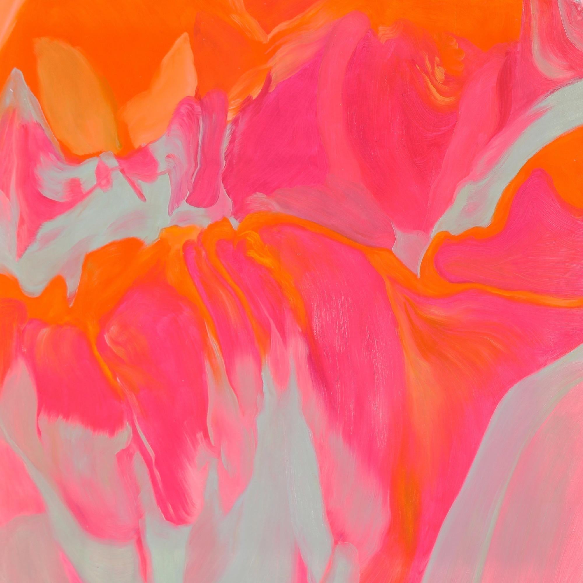 Irena Orlov Abstract Painting – Abstraktes Ölgemälde auf Leinwand 36x36, Vulkan, rot-orange, spektakulär