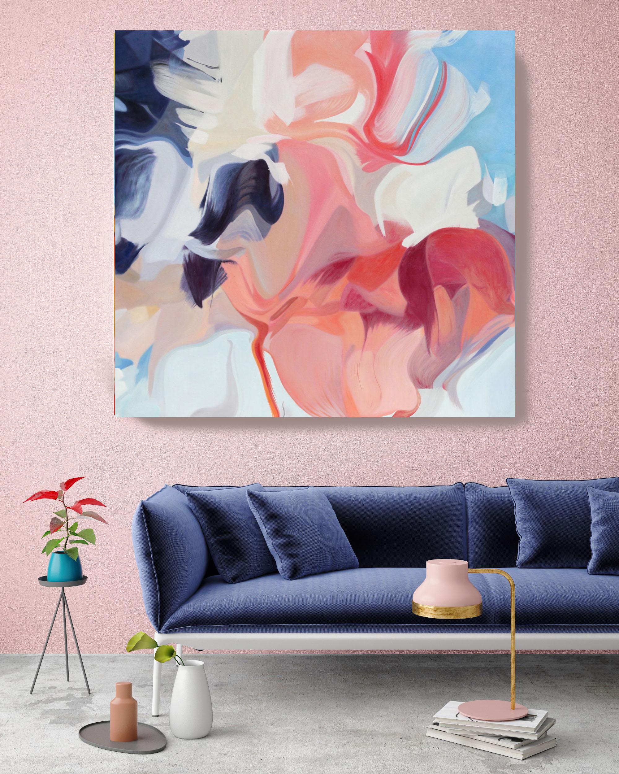 coral and blue living room