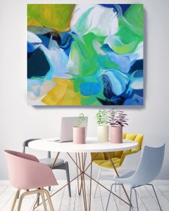 Blue Green Flow Abstract Oil Painting on Canvas 48" x 48", California Breeze