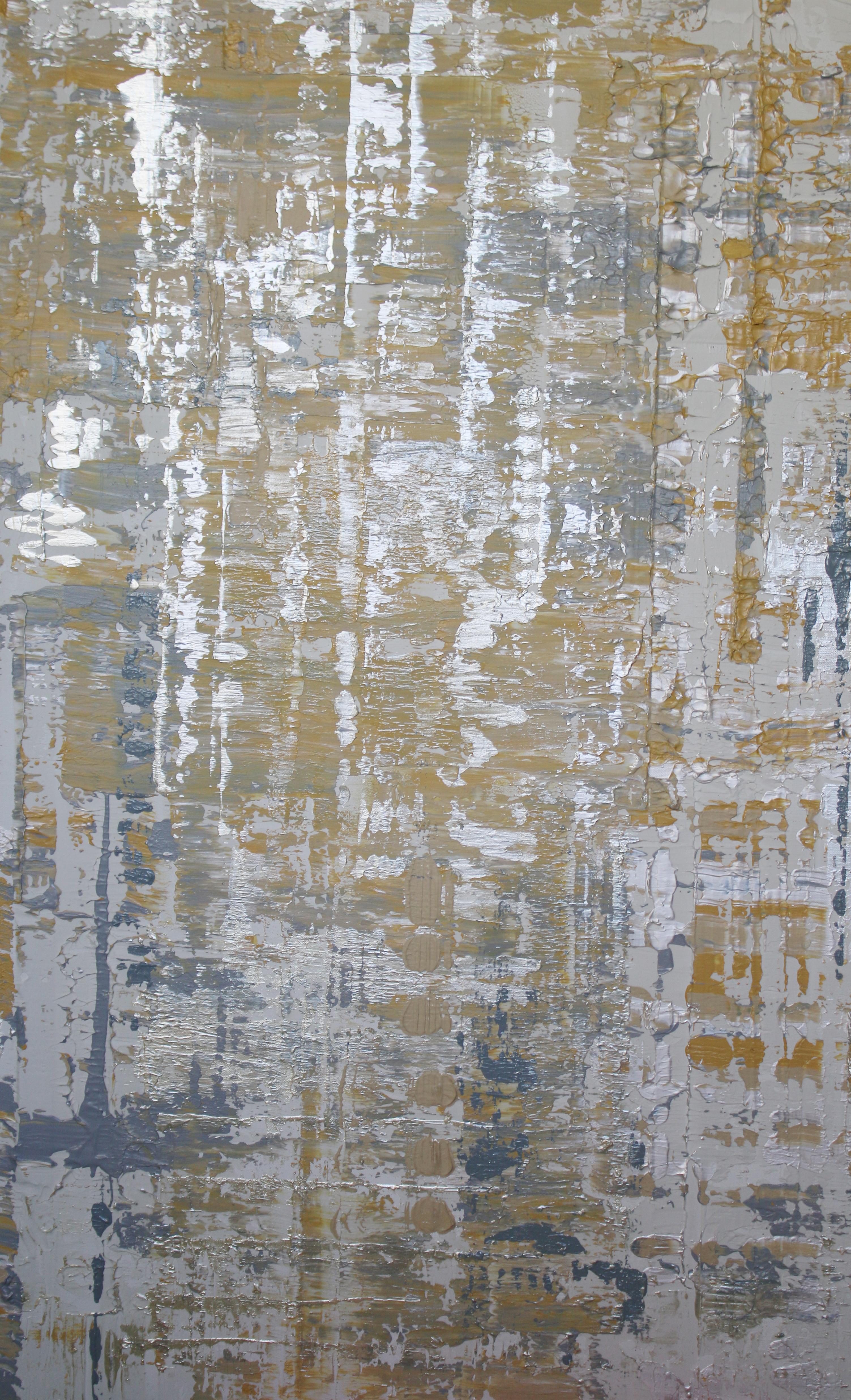 Irena Orlov Abstract Painting - Abstract Silver Yellow Heavy Textured Mixed Medium on Canvas, Silver Wave 30x48"