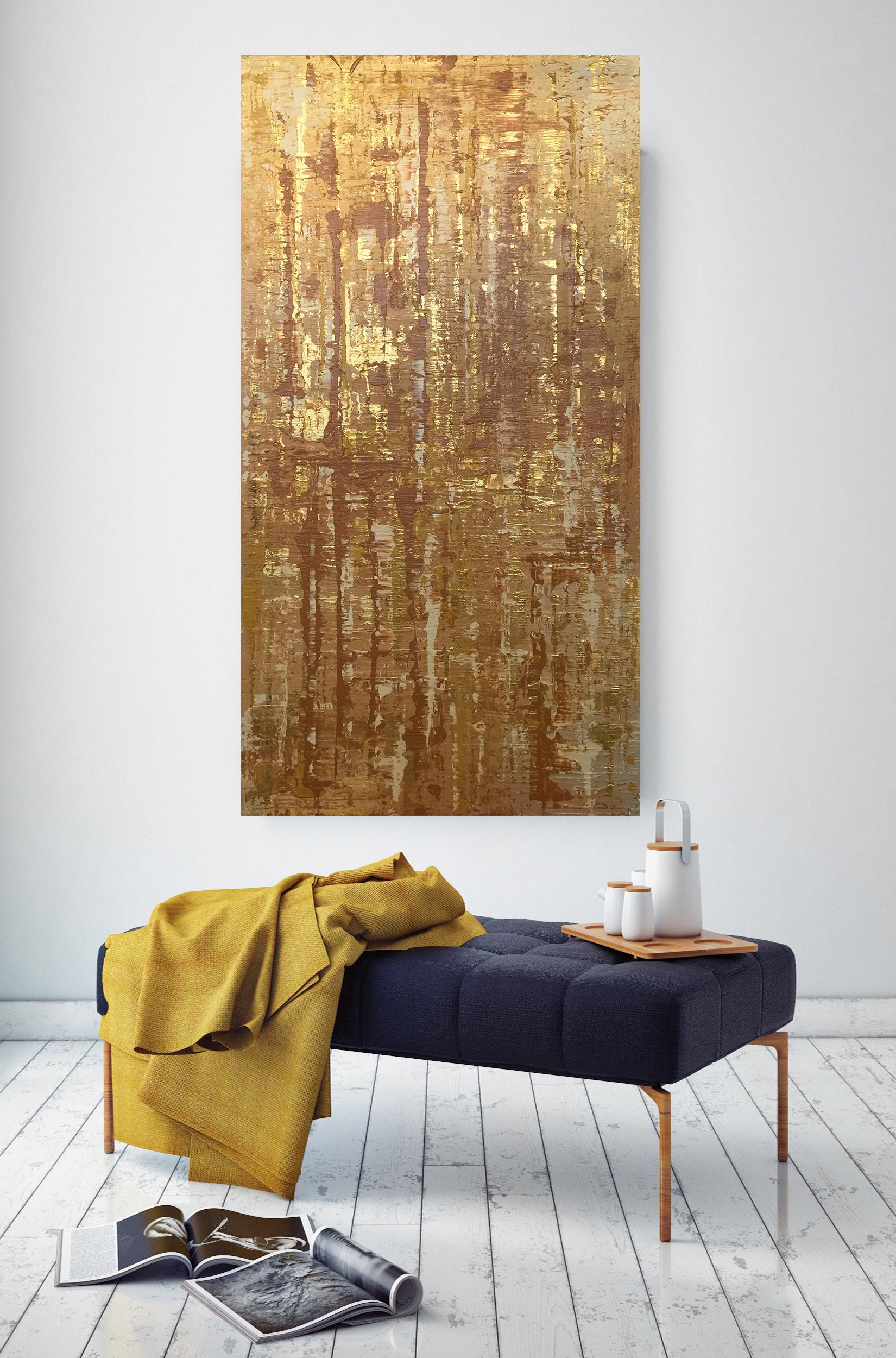 Irena Orlov Interior Painting – Mixed Media on Canvas: Acrylic, Stucco, Modeling Paste Heavy Texture Gold Water